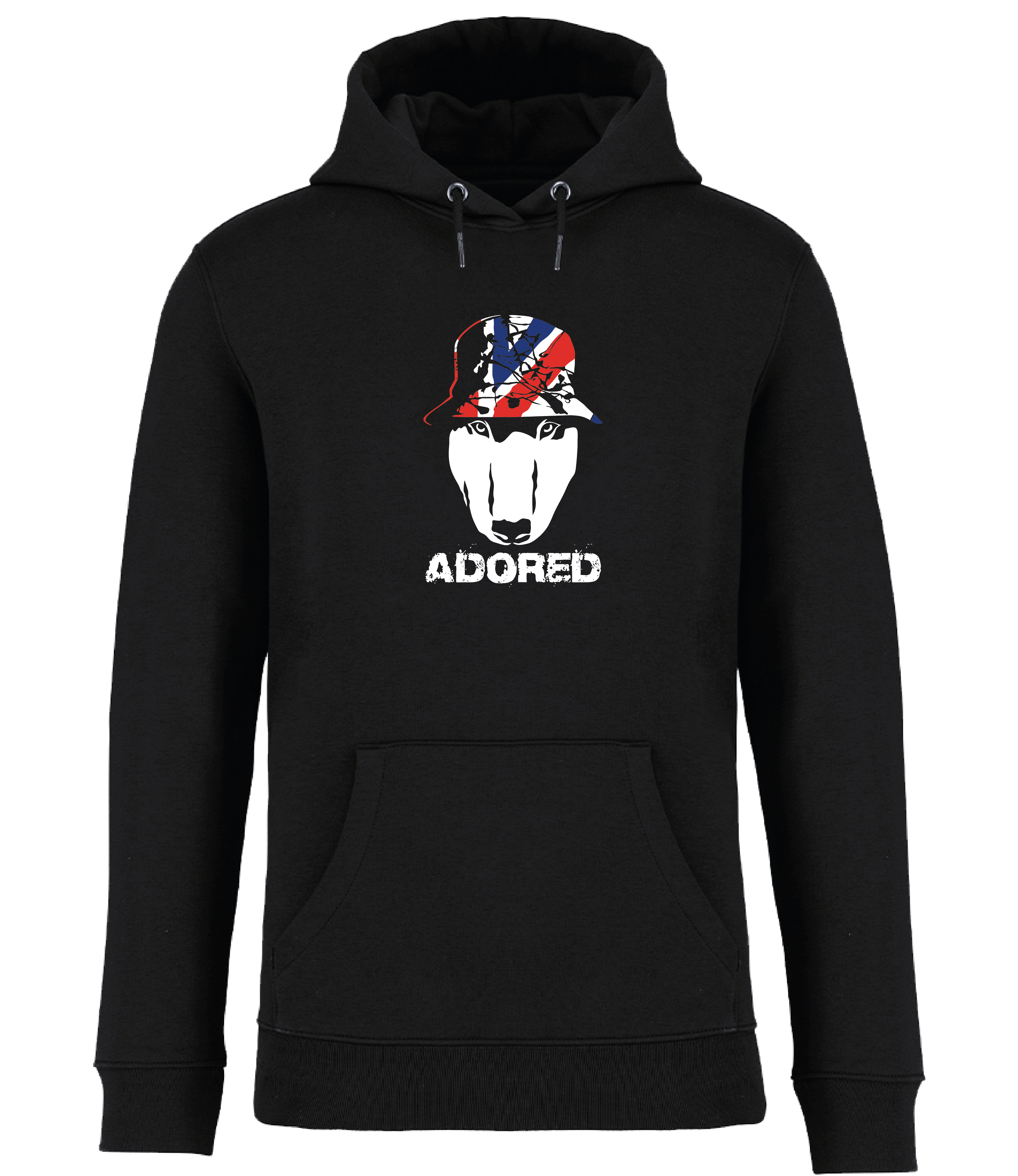Black Hoodie printed by Ronnies Casuals with English Bull Terrier head wearing a union jack bucket hat and the words adored underneath