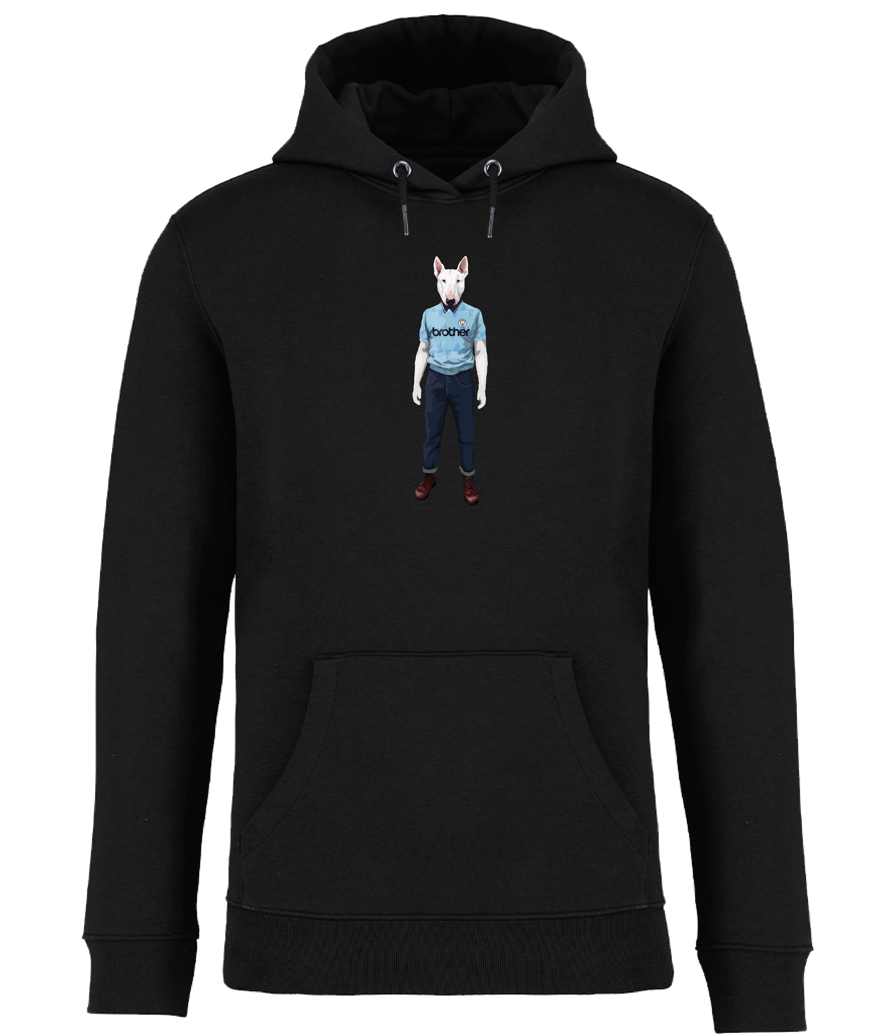 Black Hoodie printed with an English Bull Terrier Dog wearing a Manchester City Football Shirt and Jeans