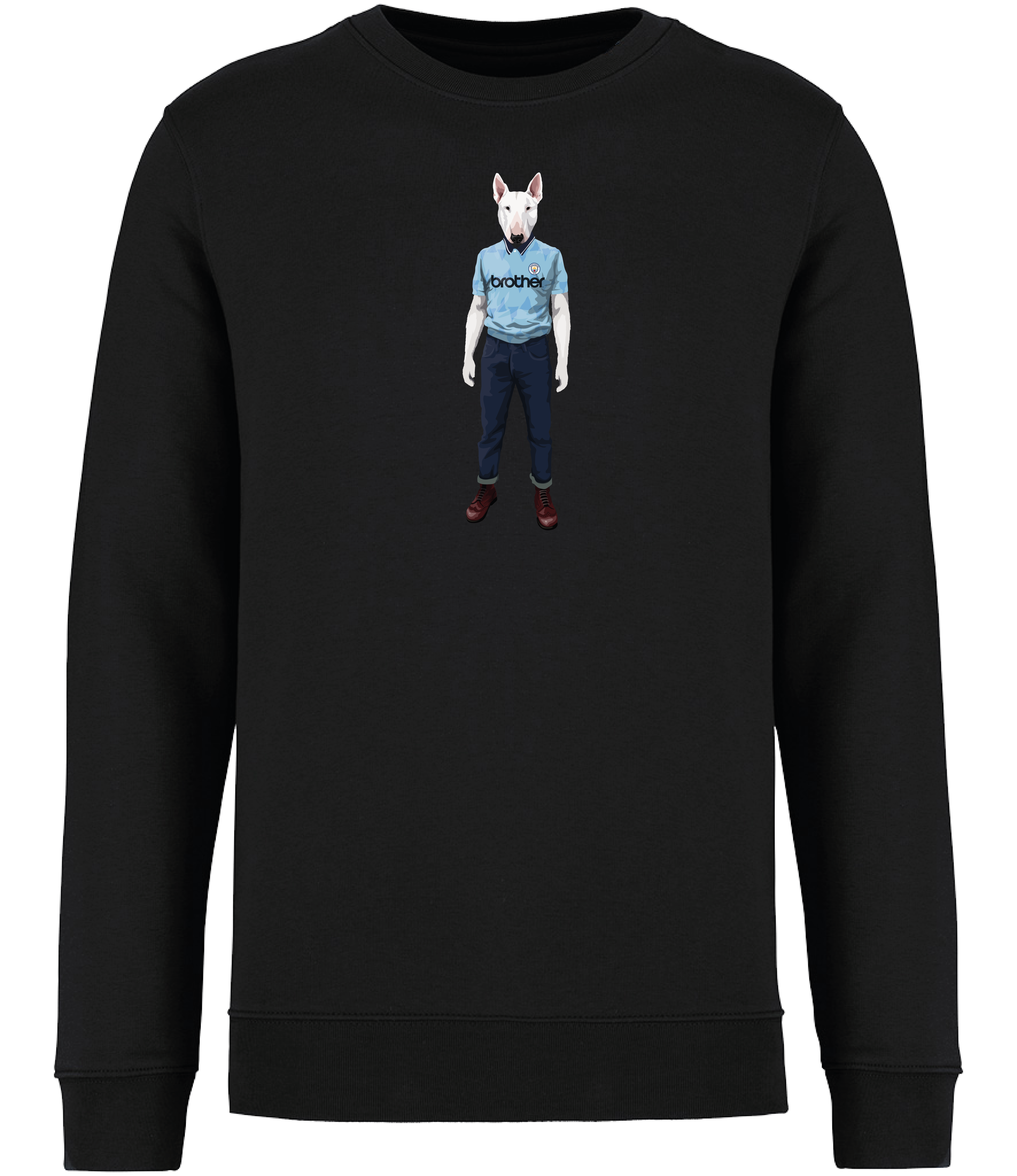 Black Sweatshirt printed with an English Bull Terrier Dog wearing a Manchester City Football Shirt and Jeans