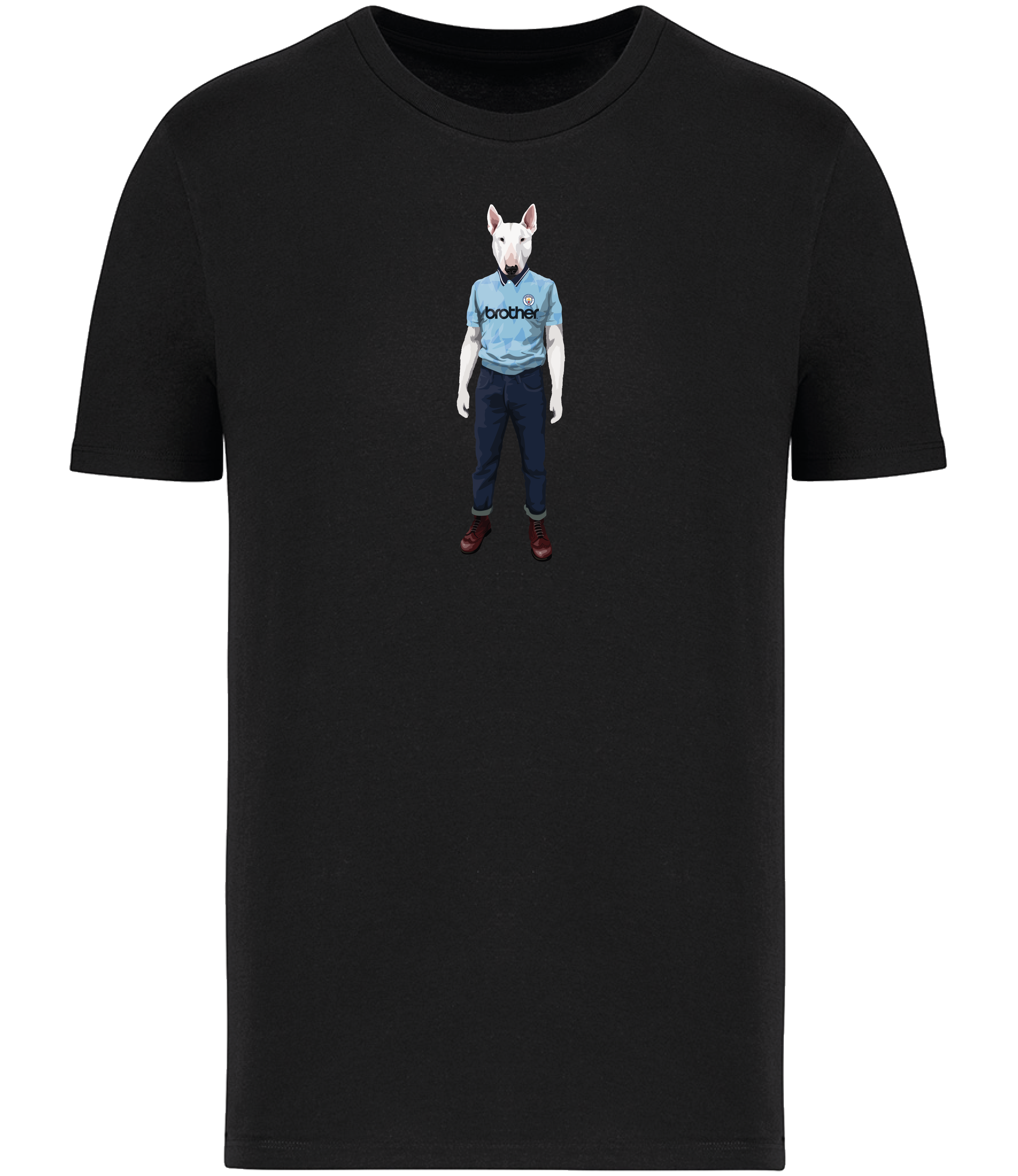 Black T-shirt printed with an English Bull Terrier Dog wearing a Manchester City Football Shirt and Jeans