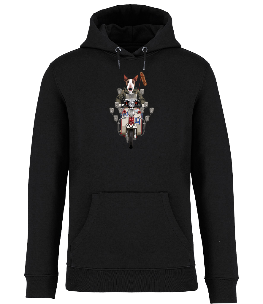 Ronnies Casuals Black Hoodie printed with English Bull Terrier Dog riding a Mod Scooter with lots of mirrors and a fox tail. Available in S, M, L, XL, 2XL, 3XL.