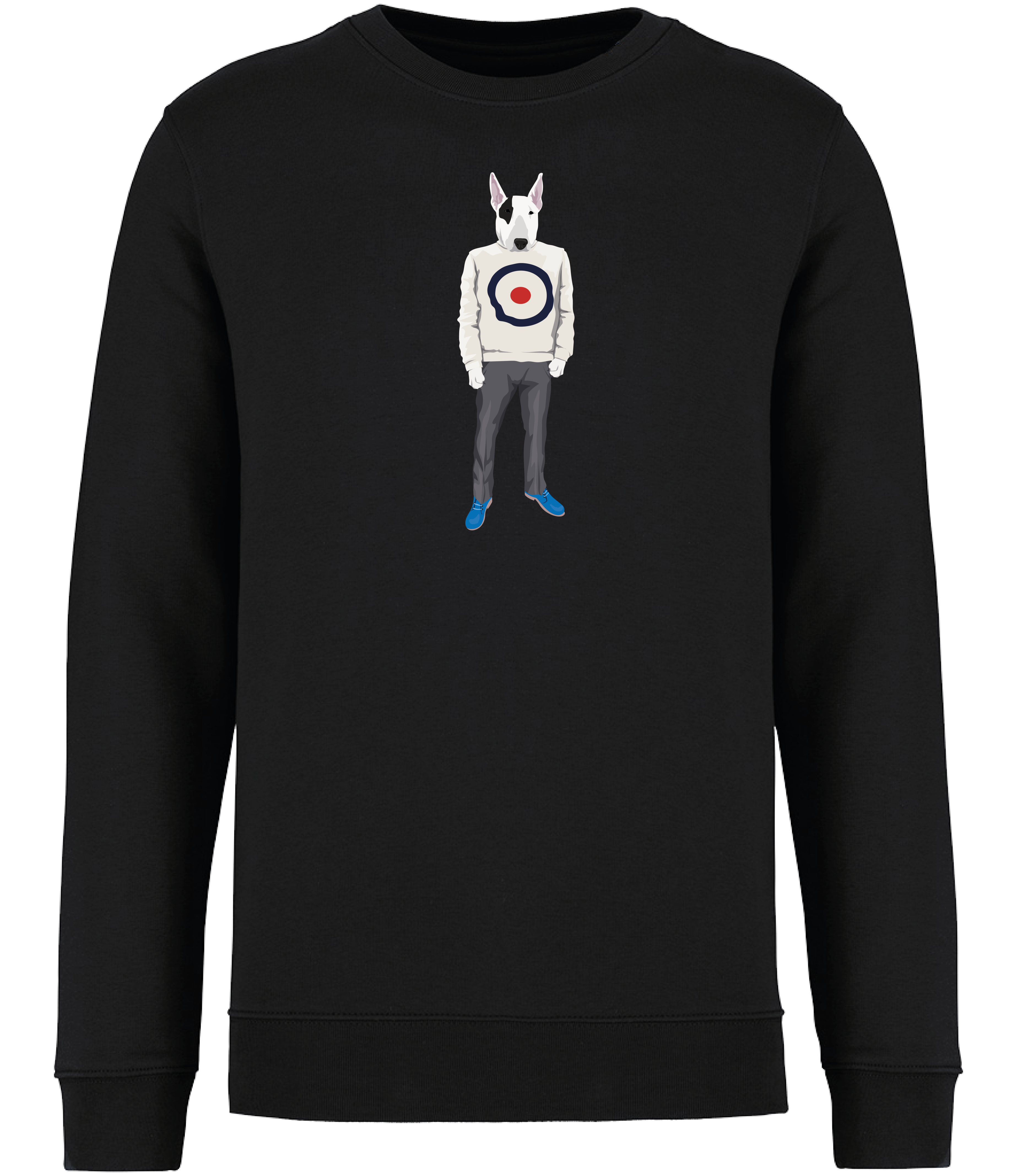 Black Sweatshirt Printed with an English Bull Terrier Dog wearing a jumper with a target on it, grey trousers and blue shoes