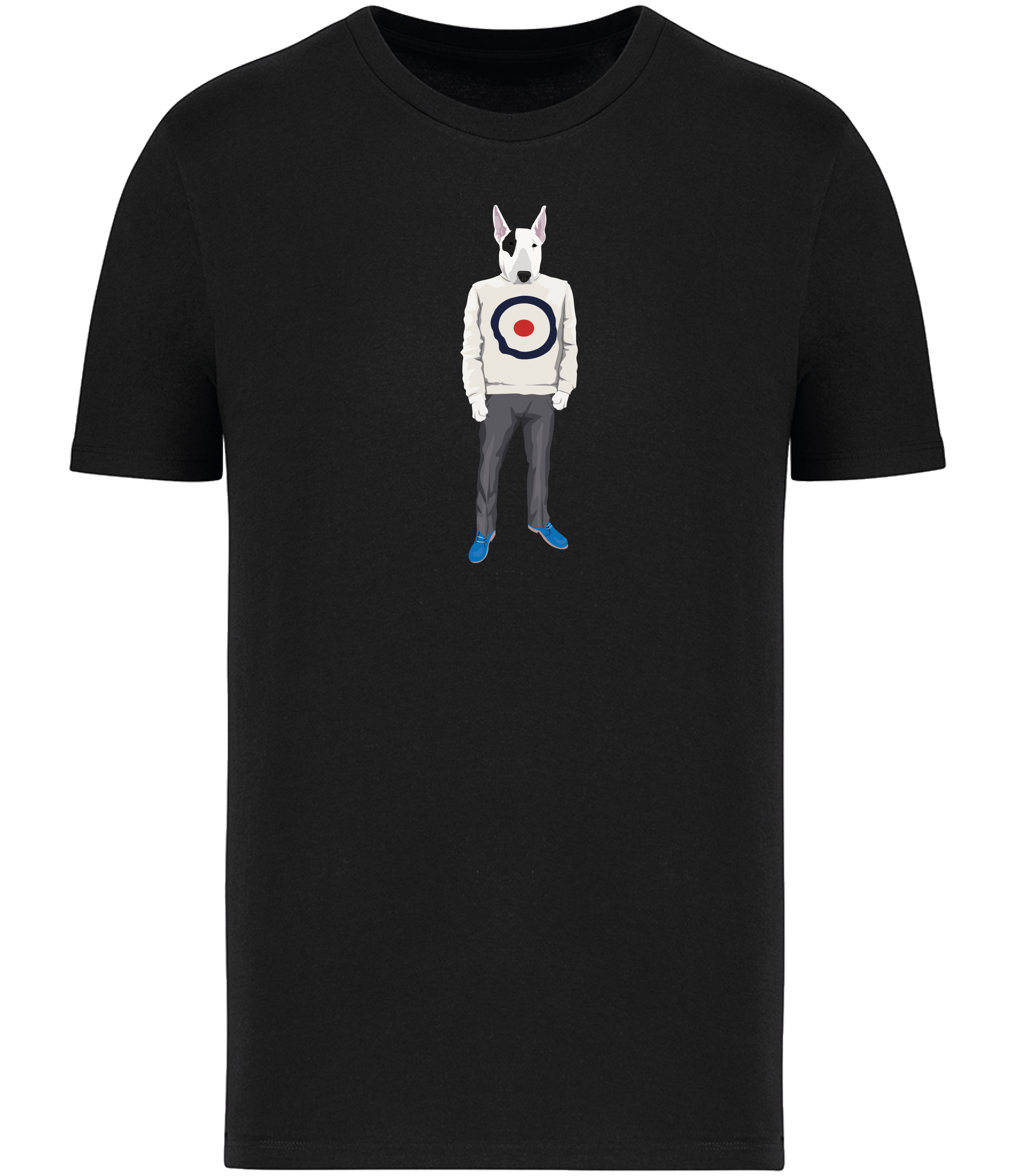Black T-shirt Printed with an English Bull Terrier Dog wearing a jumper with a target on it, grey trousers and blue shoes