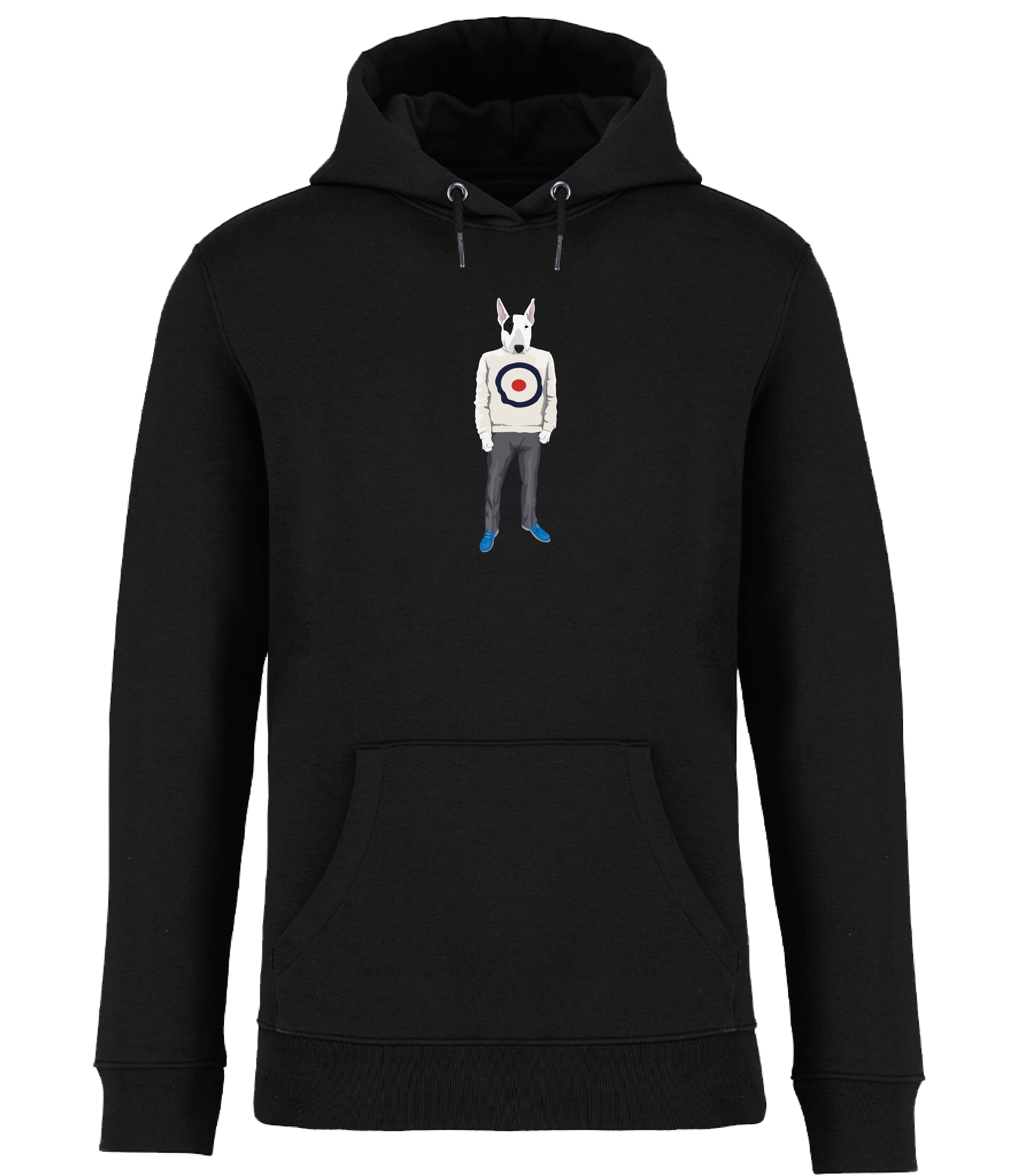 Black Hoodie Printed with an English Bull Terrier Dog wearing a jumper with a target on it, grey trousers and blue shoes