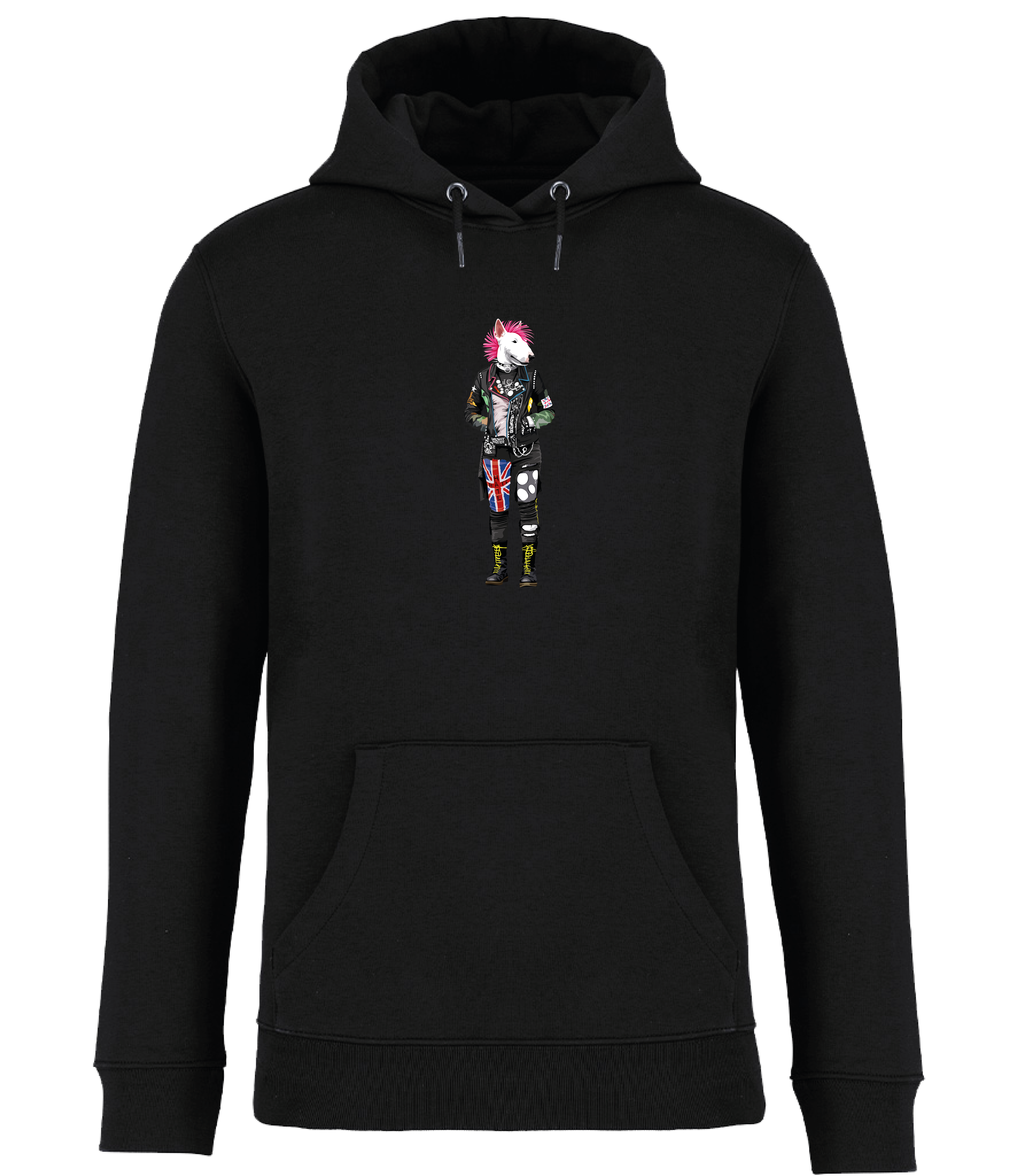 Black Hoodie printed with an English Bull Terrier Dog dressed in punk style clothing and a pink mohawk