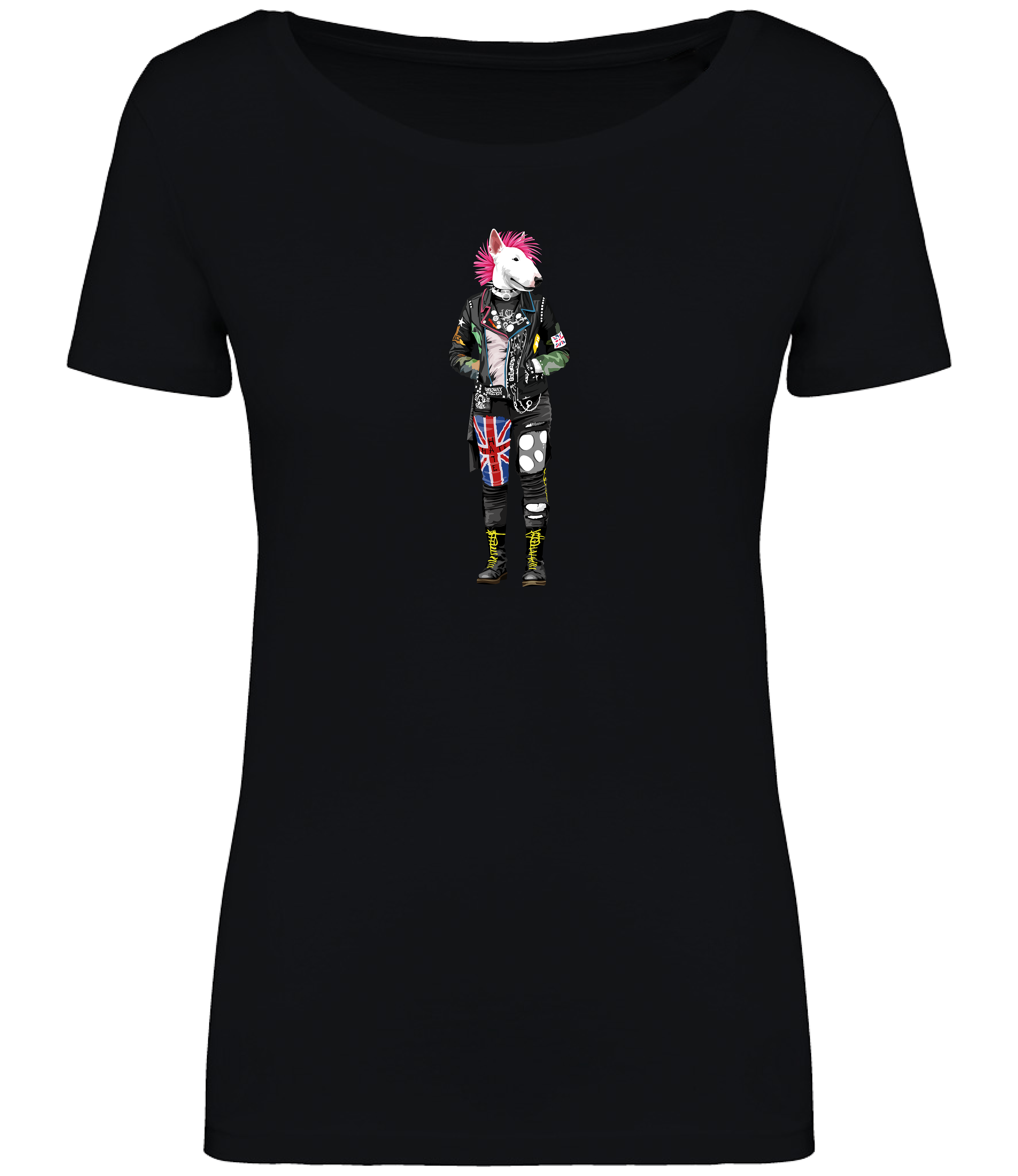 Black T-shirt printed with an English Bull Terrier Dog dressed in punk style clothing and a pink mohawk