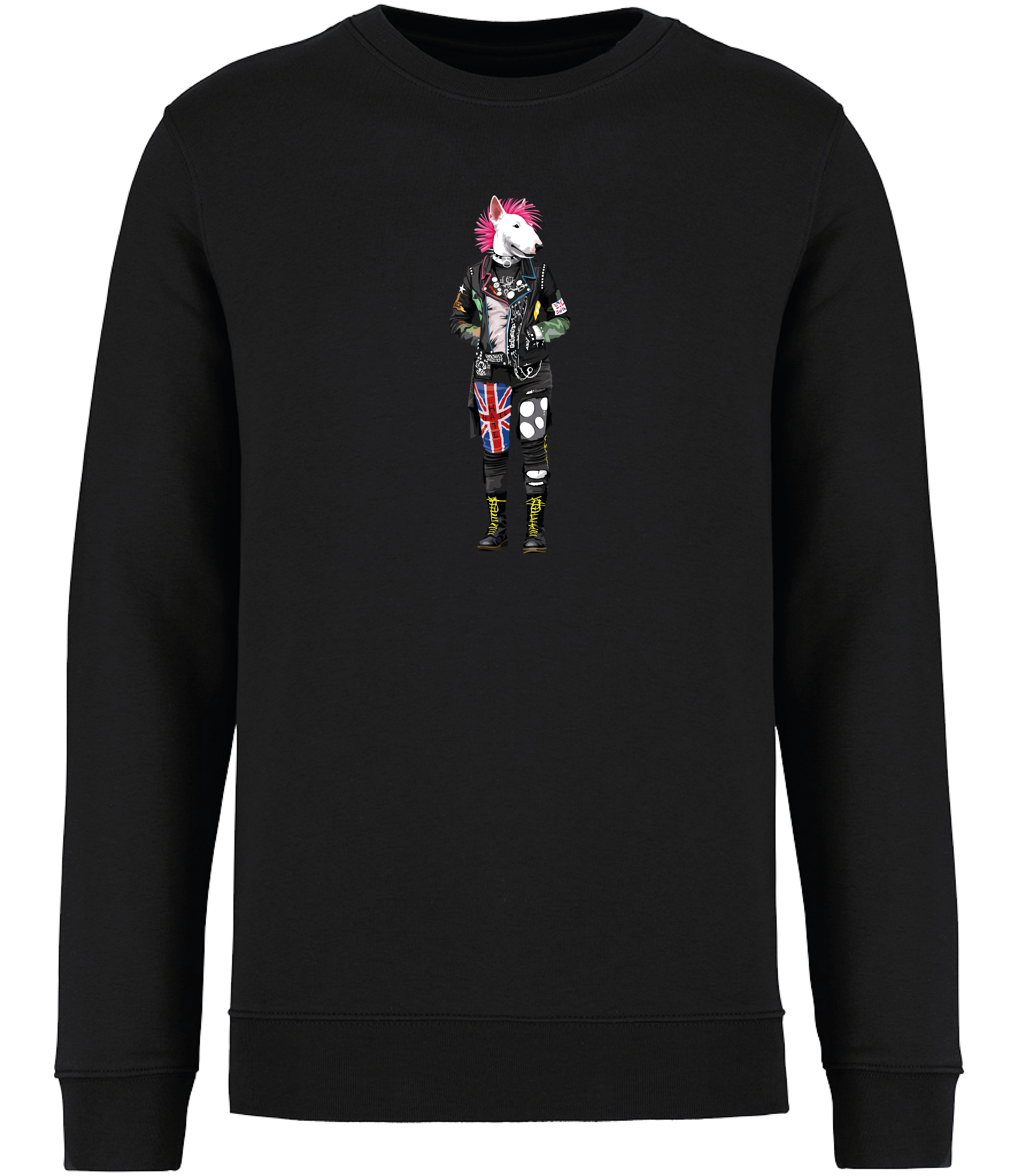 Black Sweatshirt printed with an English Bull Terrier Dog dressed in punk style clothing and a pink mohawk