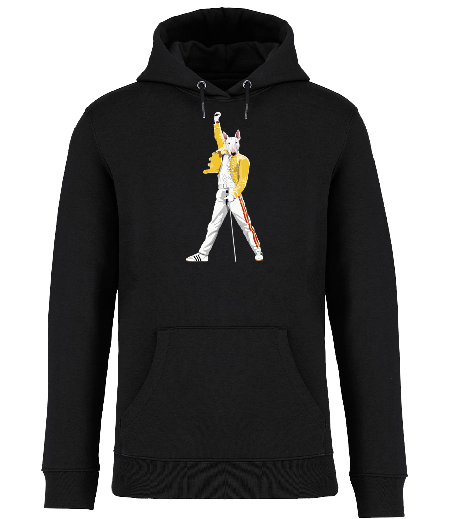Black Hoodie printed with an English Bull Terrier Dog Dressed up like the pop Icon Freddie mercury holding a microphone
