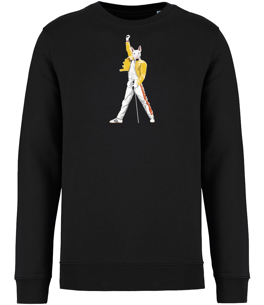 Black Sweatshirt printed with an English Bull Terrier Dog Dressed up like the pop Icon Freddie mercury holding a microphone