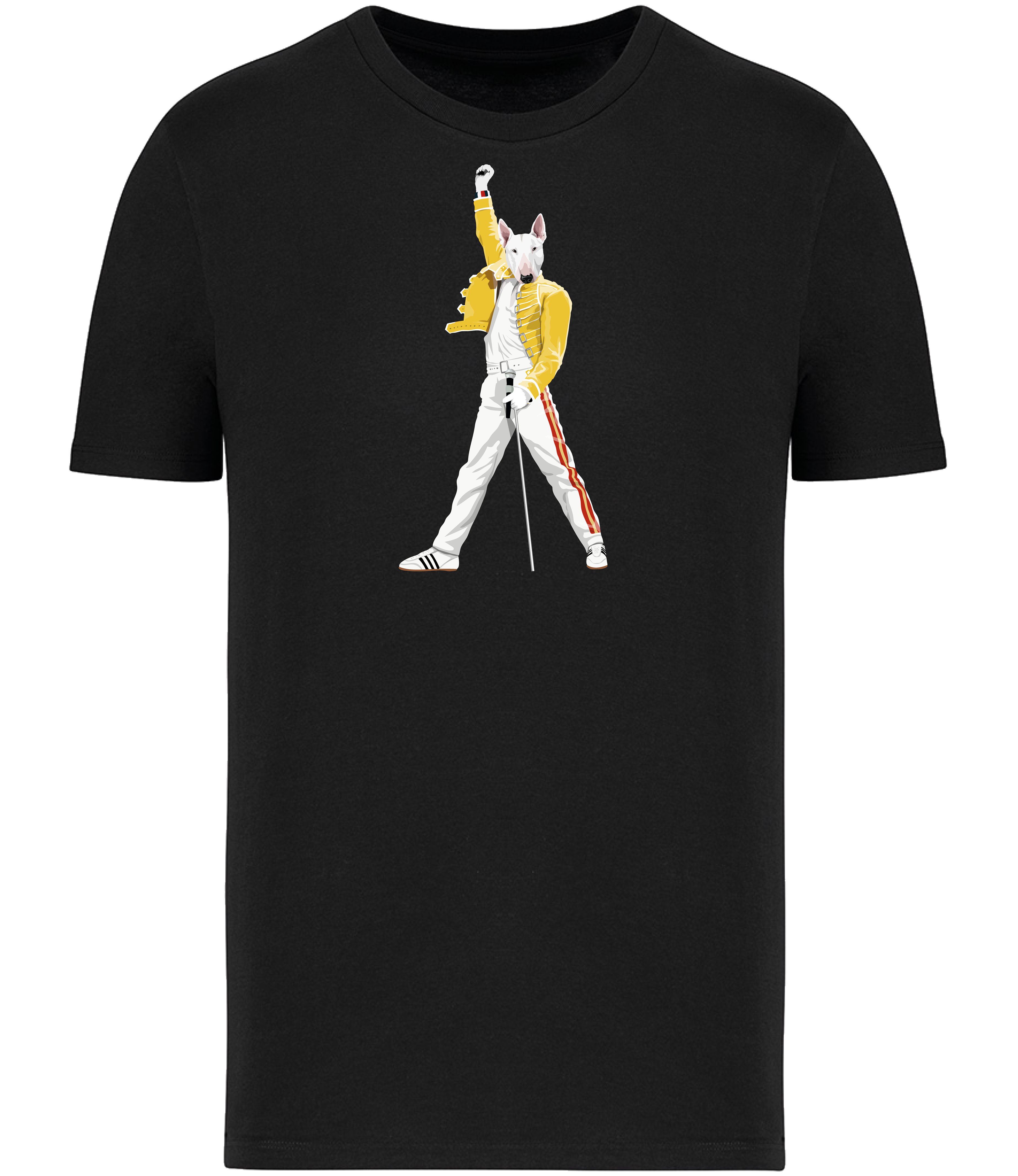 Black T-shirt printed with an English Bull Terrier Dog Dressed up like the pop Icon Freddie mercury holding a microphone