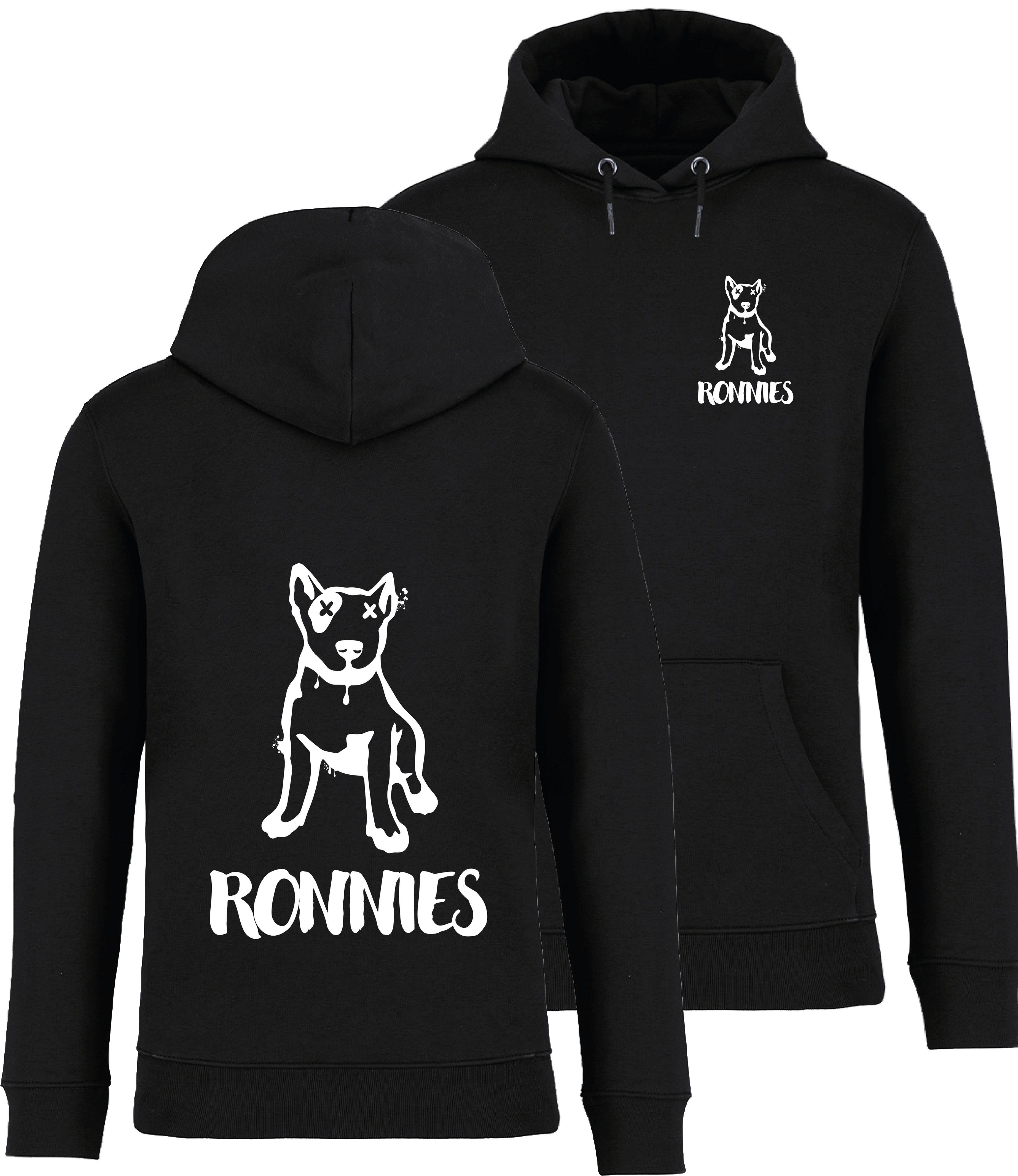 Ronnies Casuals Black Hoodie printed with a small English bull terrier dog drawing with Ronnies written underneath and the same image on the back much bigger