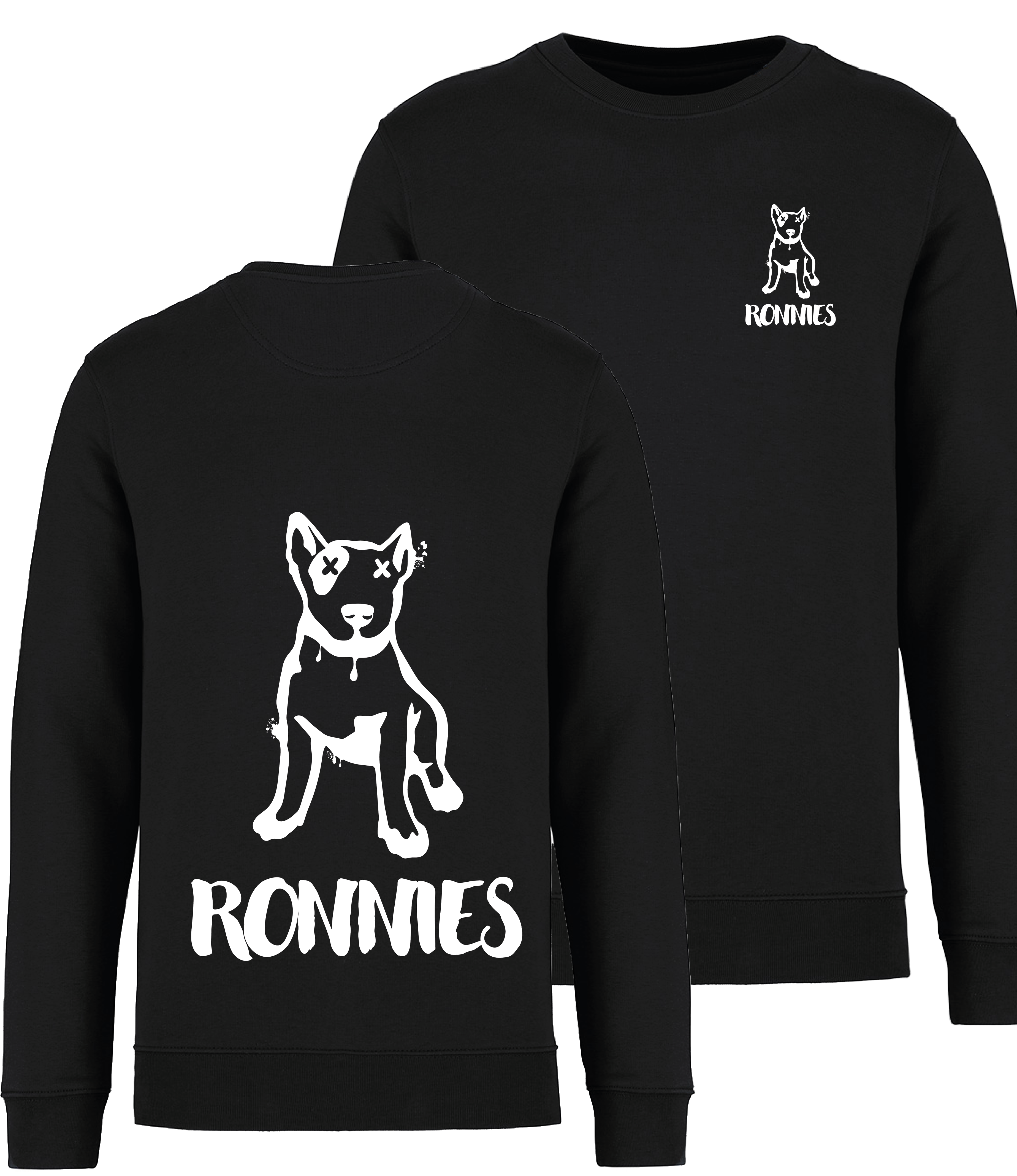Ronnies Casuals Black Sweatshirt printed with a small English bull terrier dog drawing with Ronnies written underneath and the same image on the back much bigger