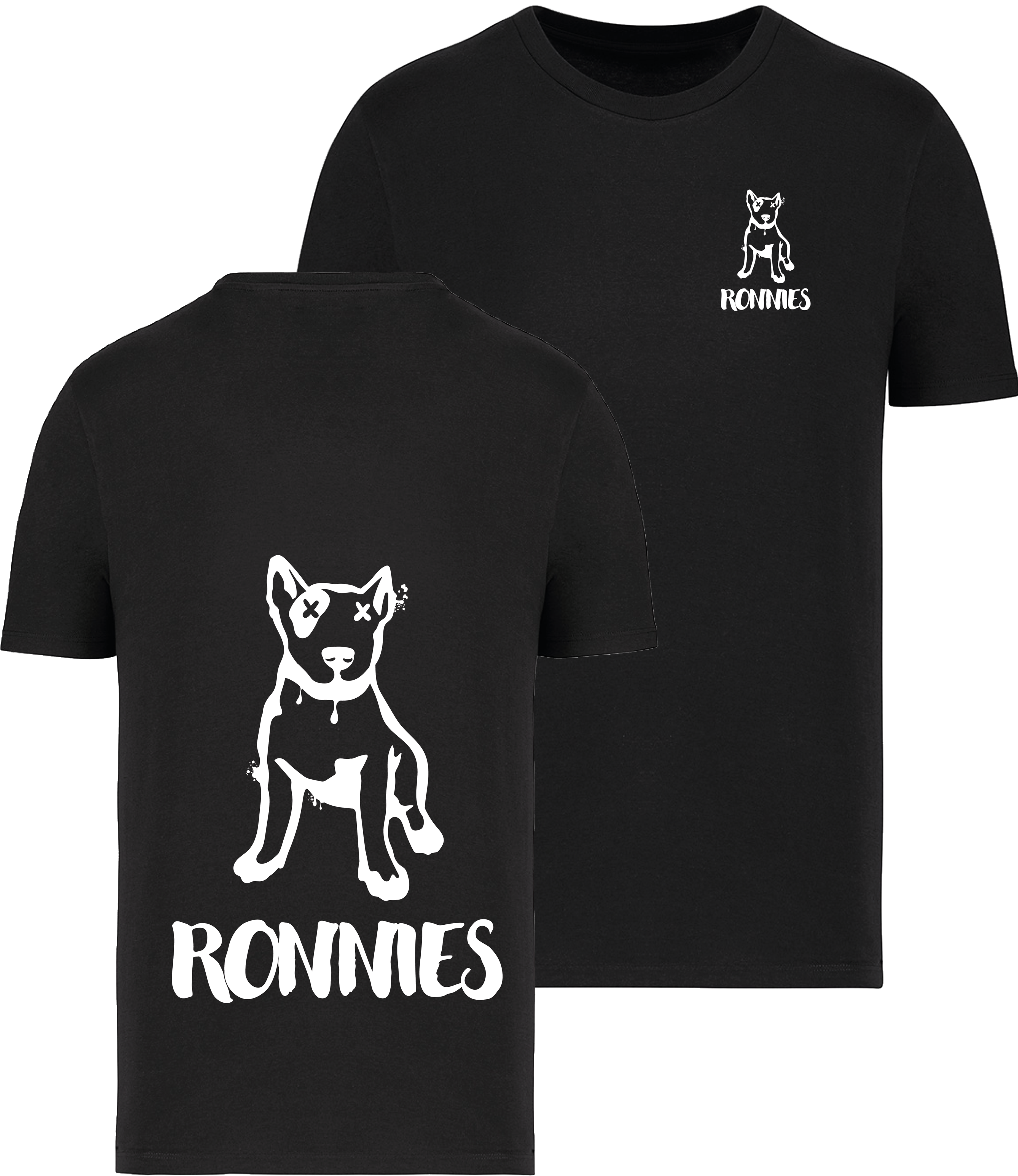 Ronnies Casuals Black T-Shirt printed with a small English bull terrier dog drawing with Ronnies written underneath and the same image on the back much bigger