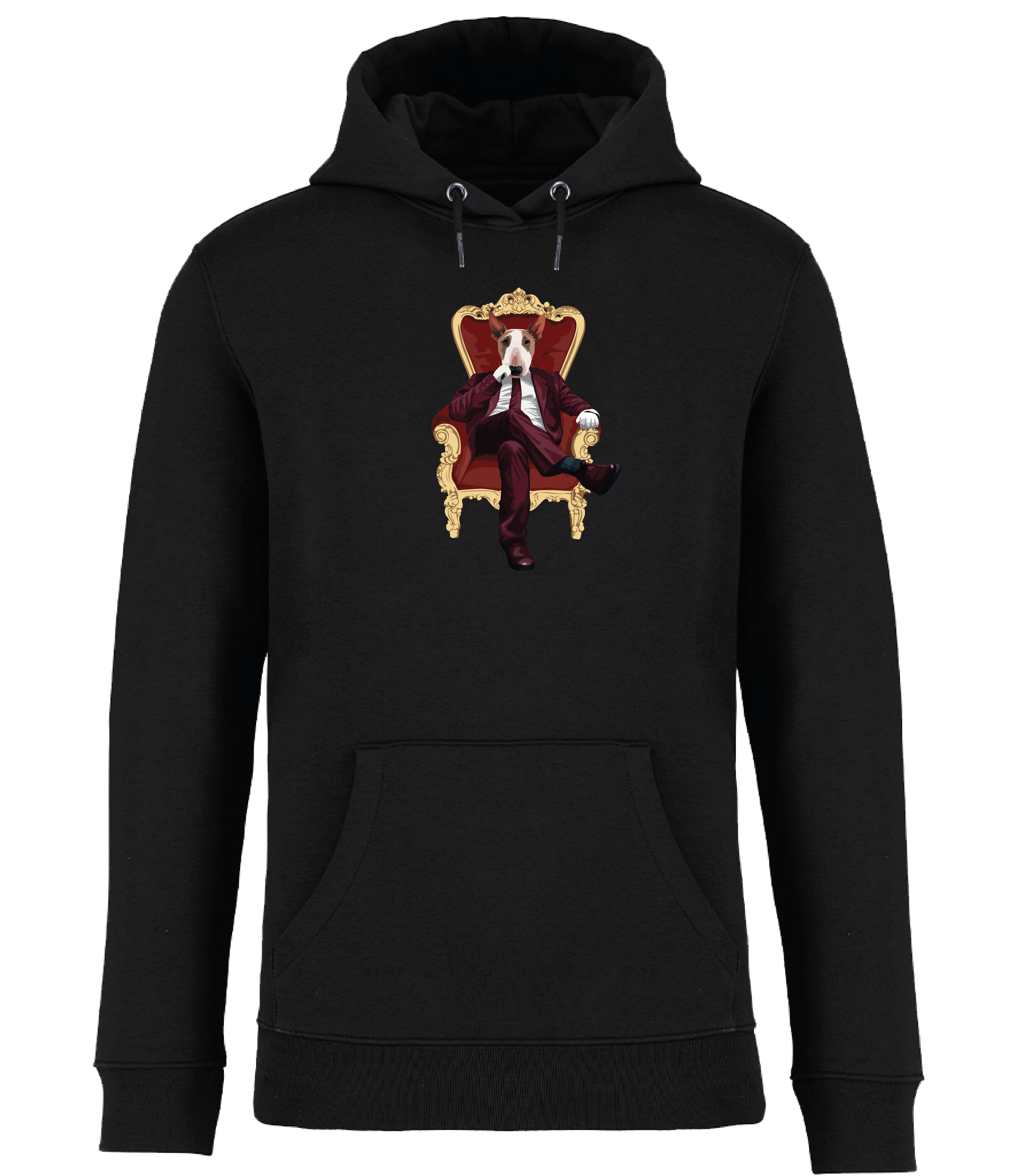 Black Hoodie printed with and English Bullie Terrier Dog wearing a red suit and tie sitting in a big gold and red throne type chair