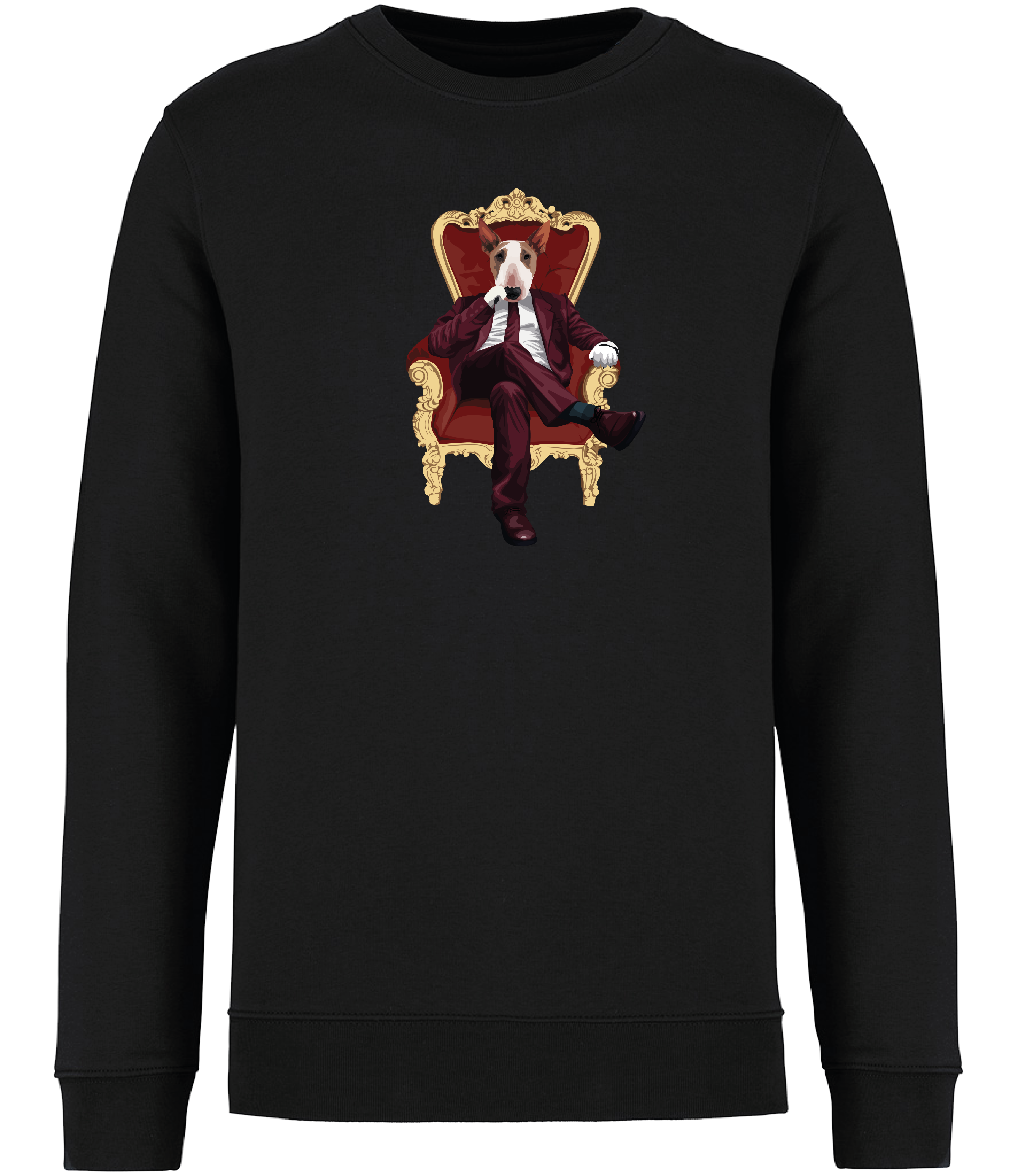 Black Sweatshirt printed with and English Bull Terrier Dog wearing a red suit and tie sitting in a big gold and red throne type chair