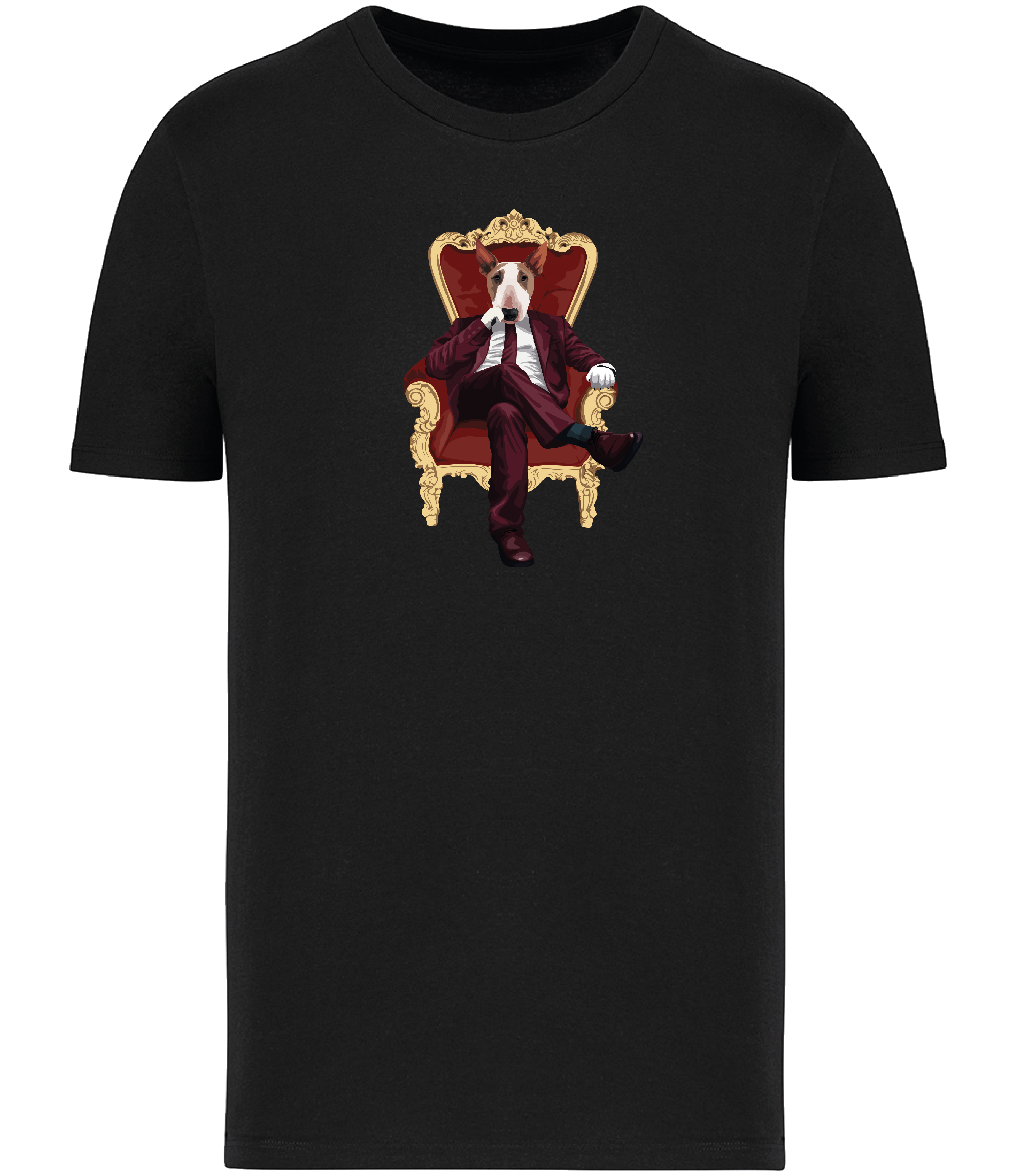 Black T-shirt printed with and English Bull Terrier Dog wearing a red suit and tie sitting in a big gold and red throne type chair