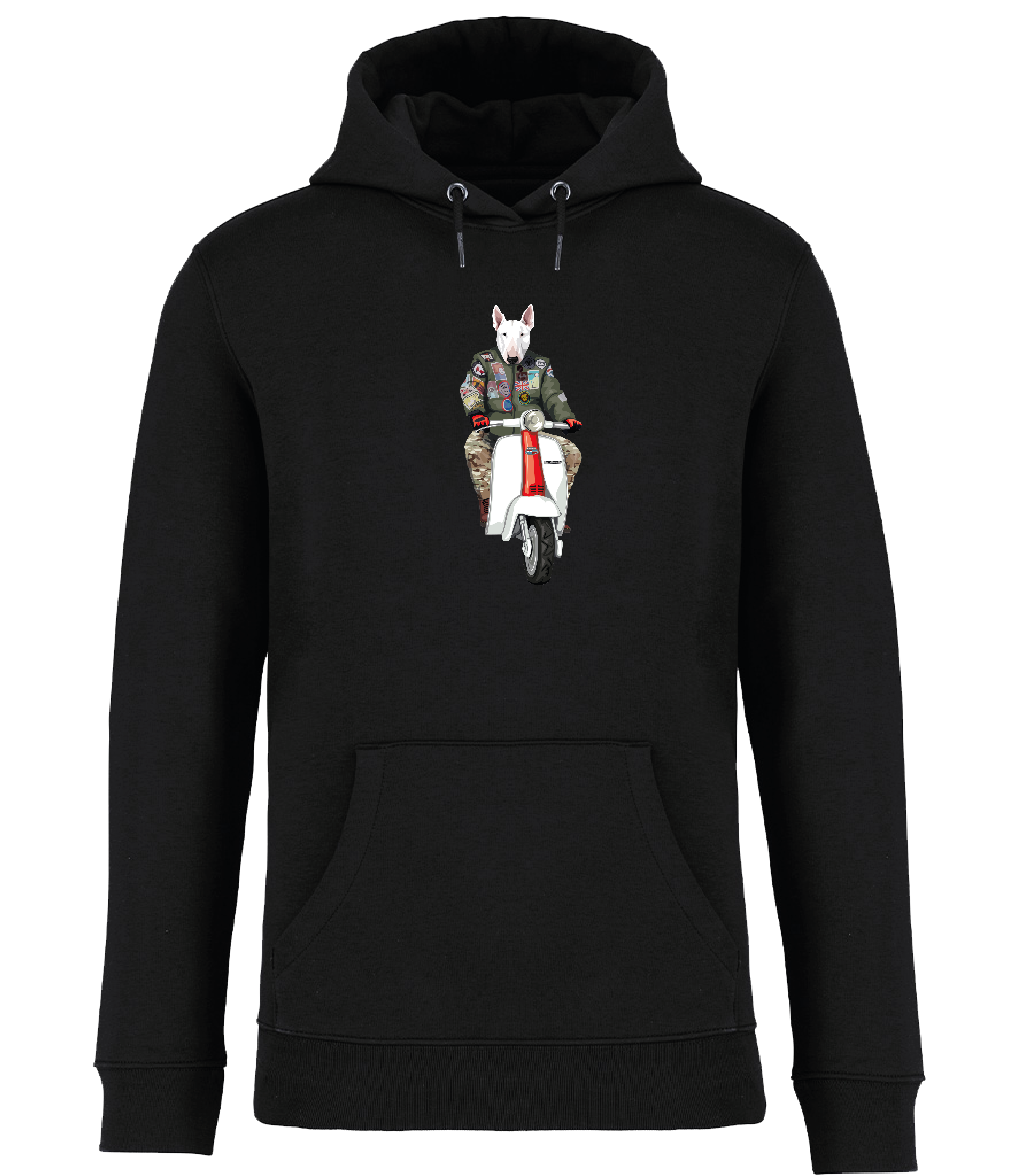 Ronnies Casuals Black Hoodie printed with an English Bull Terrier Dog wearing a flight jacket riding a Scooter 