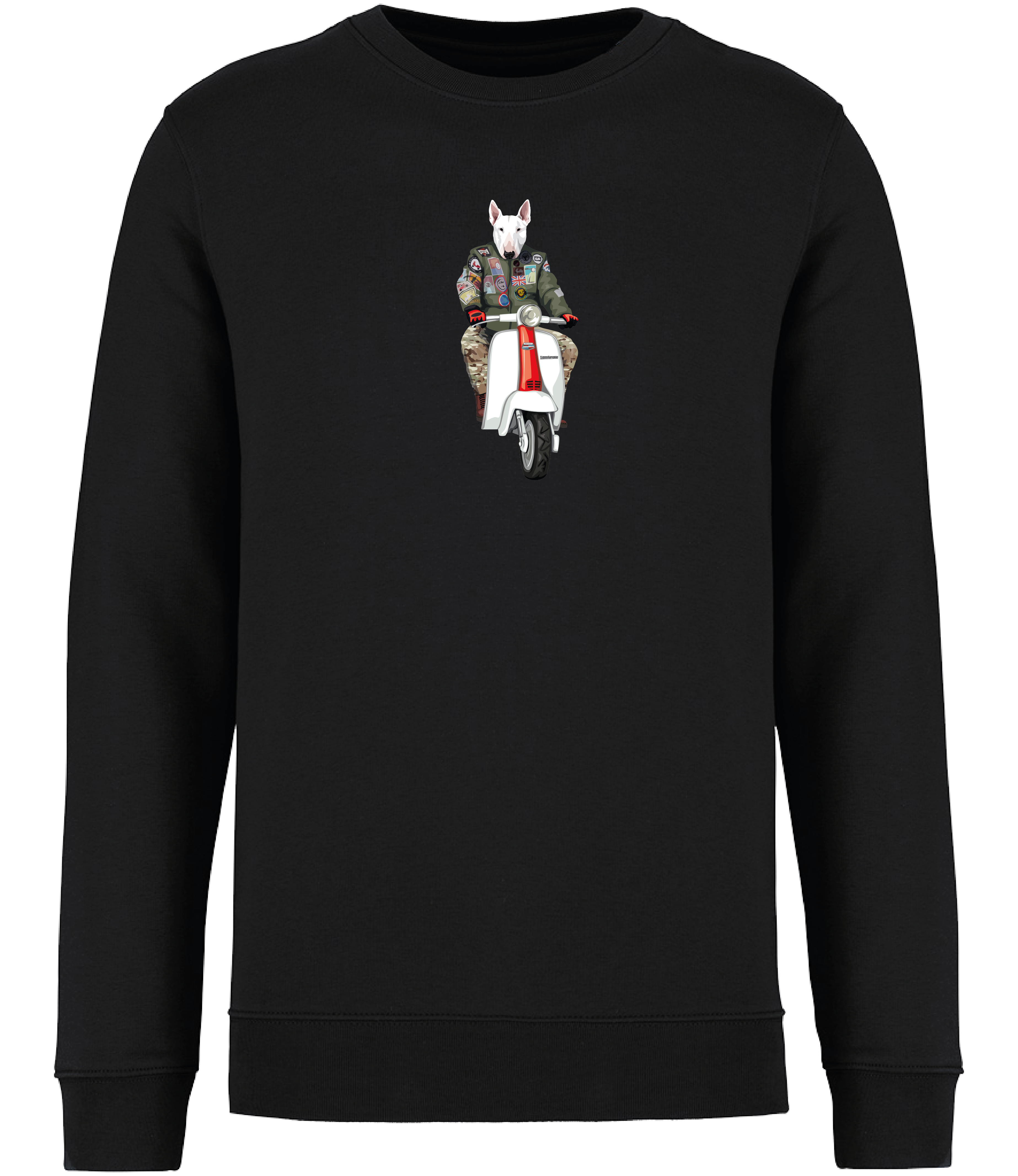 Ronnies Casuals Black Sweatshirt printed with an English Bull Terrier Dog wearing a flight jacket riding a Scooter 