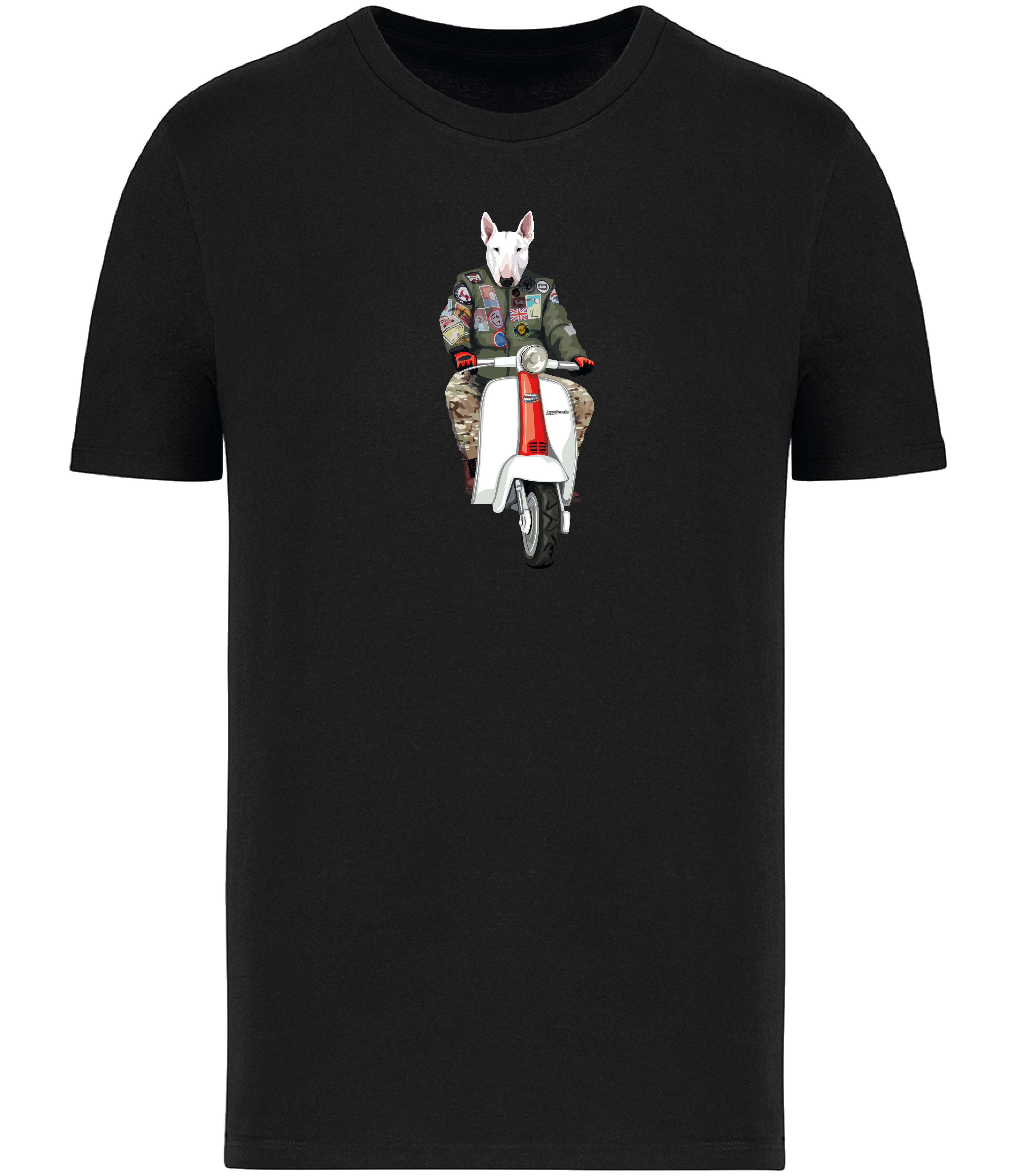 Black T-shirt printed with an English Bull Terrier Dog wearing a flight jacket riding a Scooter 