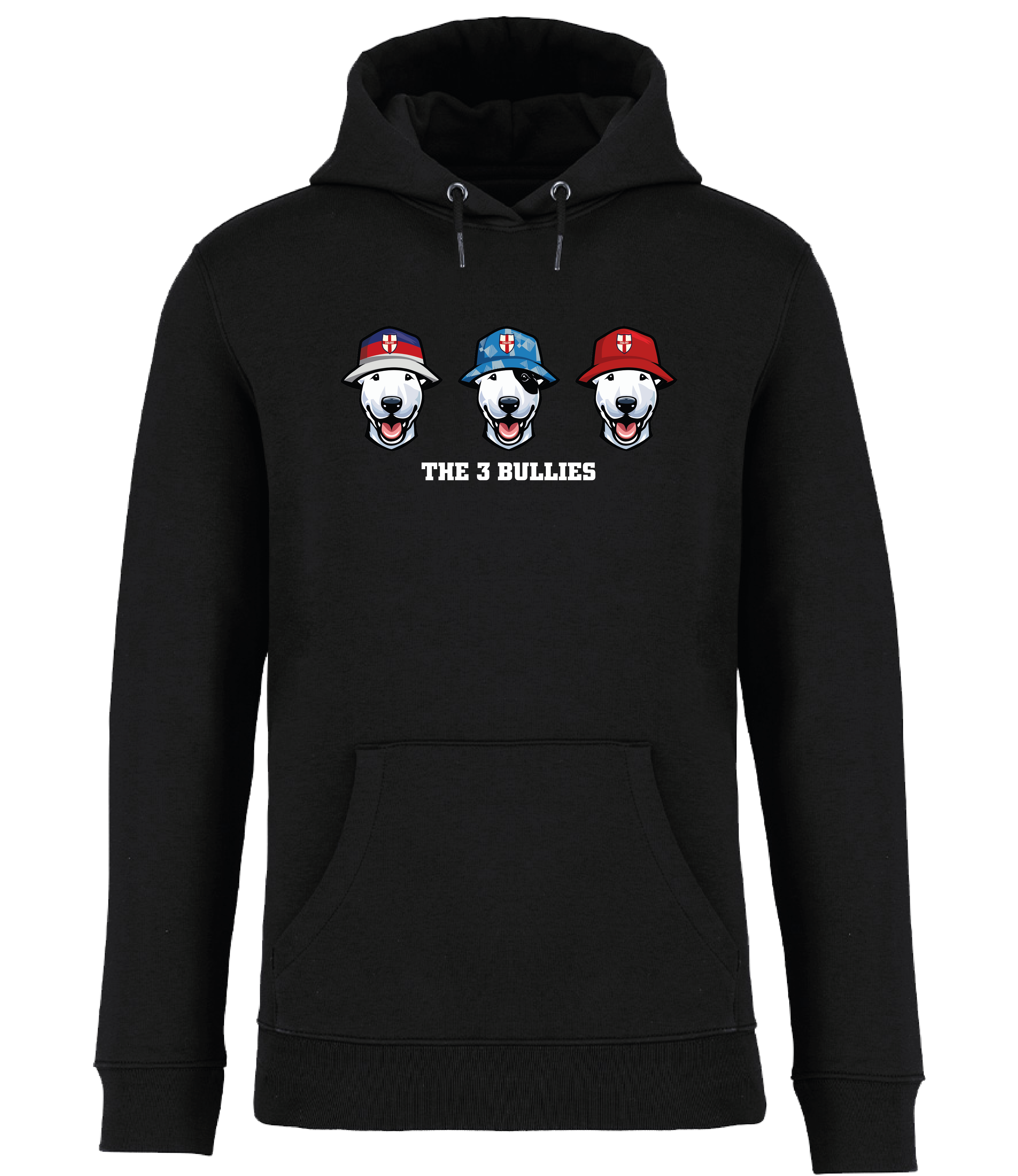 Black Hoodie printed by Ronnies Casuals with 3 English Bull Terrier Heads wearing Bucket hats decorated with St Georges flags and The 3 Bullies written underneath
