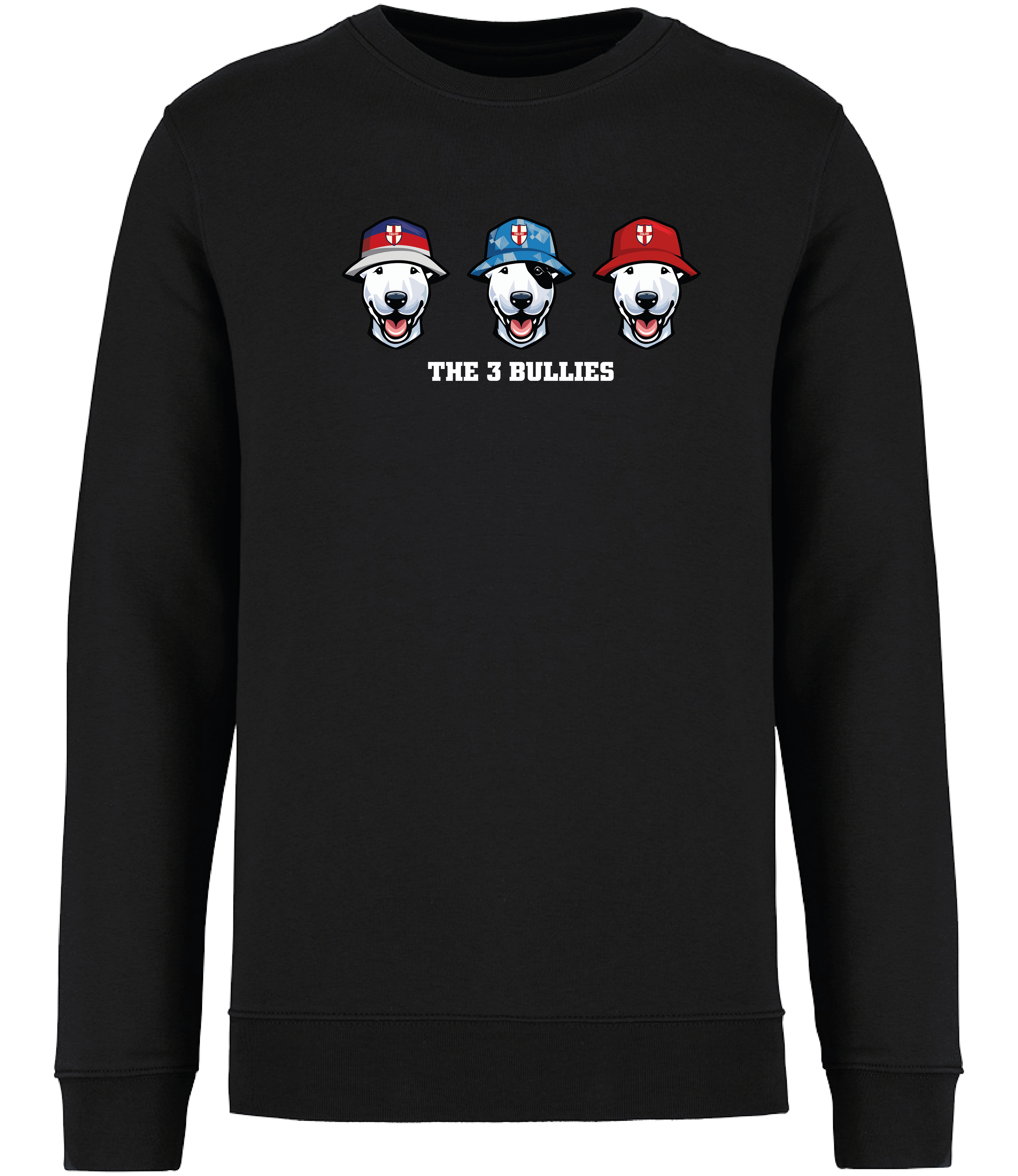 Ronnies Casuals Black Sweatshirt printed with 3 English Bull Terrier Heads wearing Bucket hats decorated with St Georges flags and The 3 Bullies written underneath