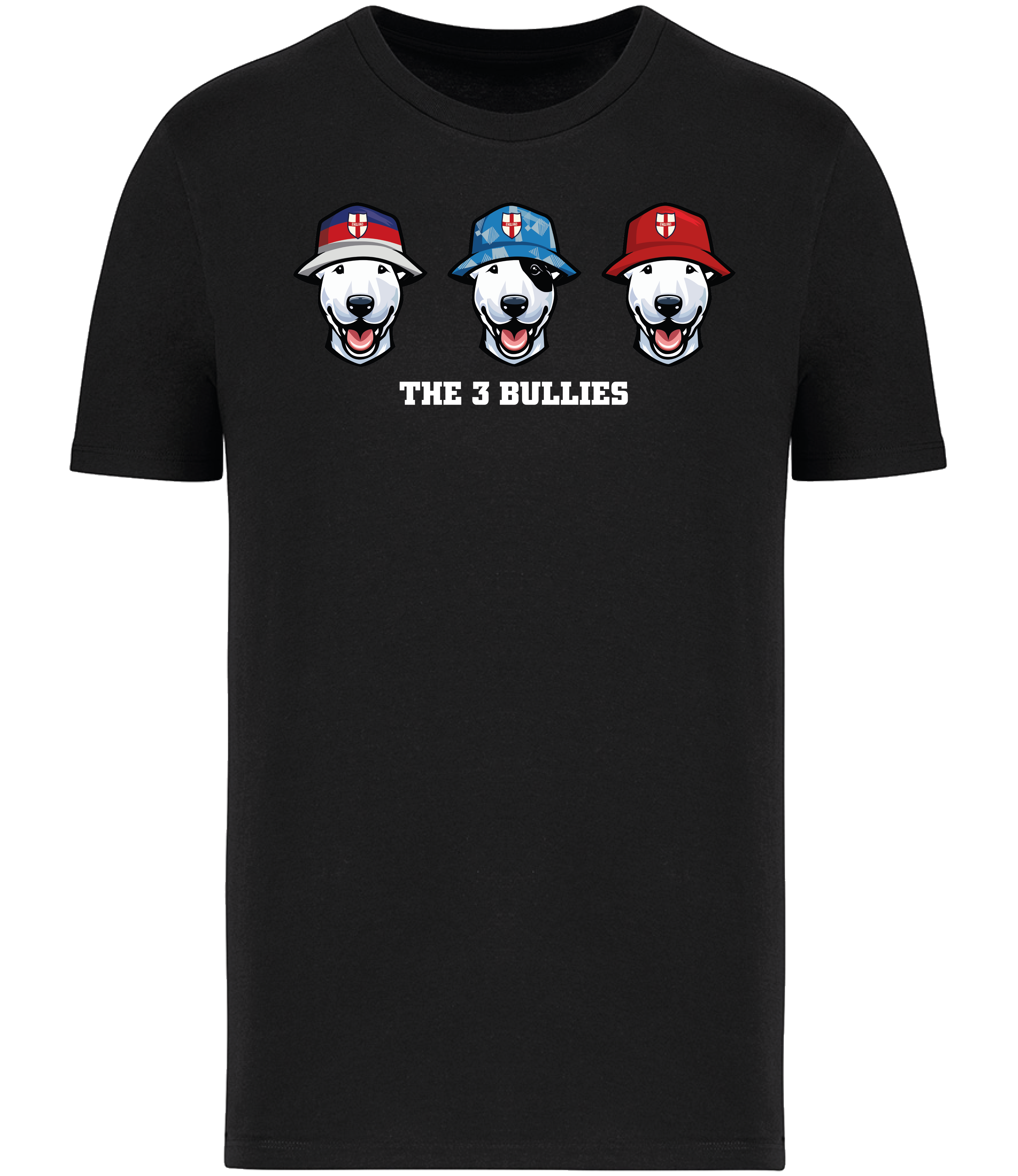 Black T-shirt printed with 3 English Bull Terrier Heads wearing Bucket hats decorated with St Georges flags and The 3 Bullies written underneath