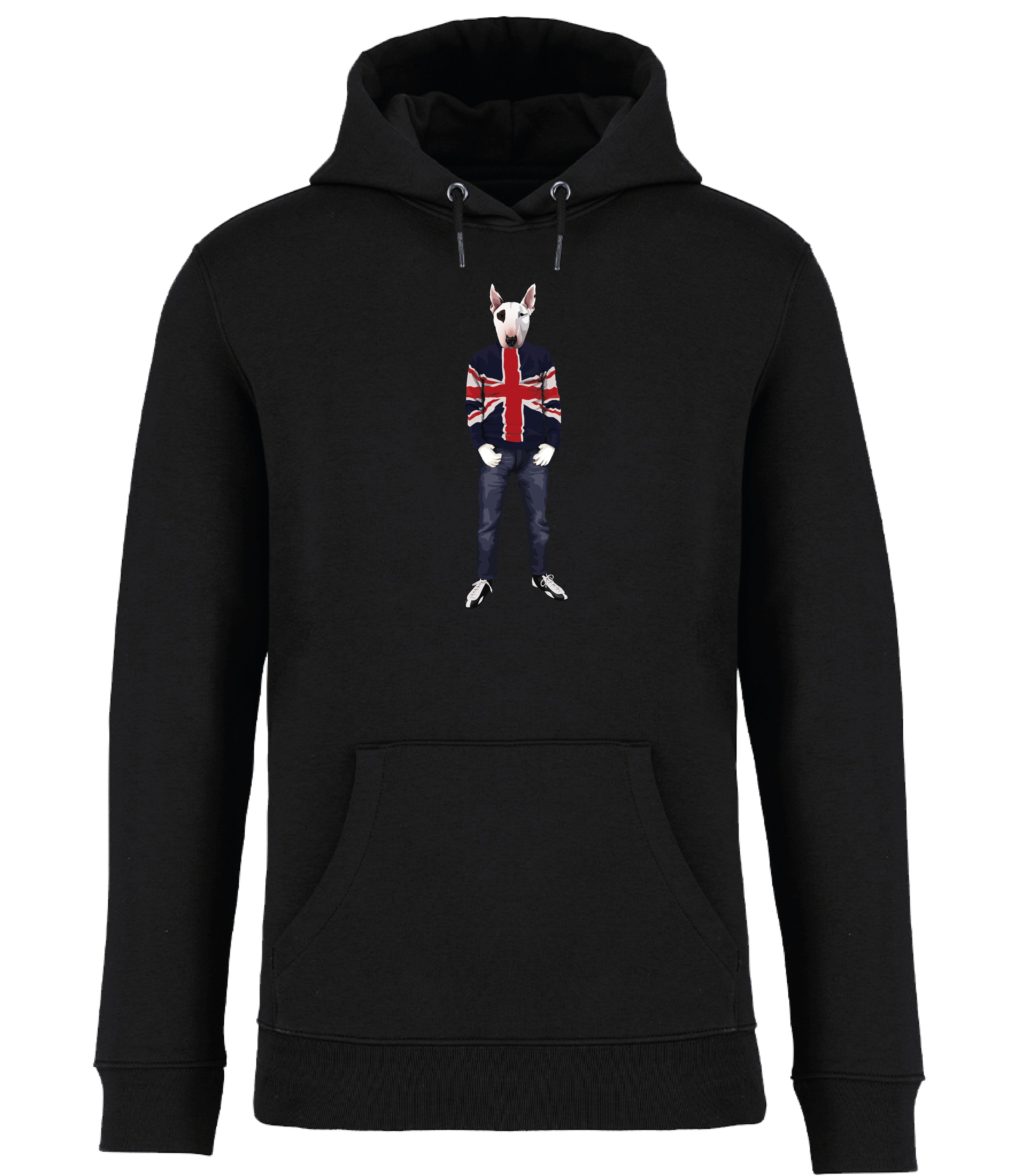 Black Hoodie printed with an English Bull Terrier Dog with an eye patch wearing a Union Jack jumper, jeans and trainers