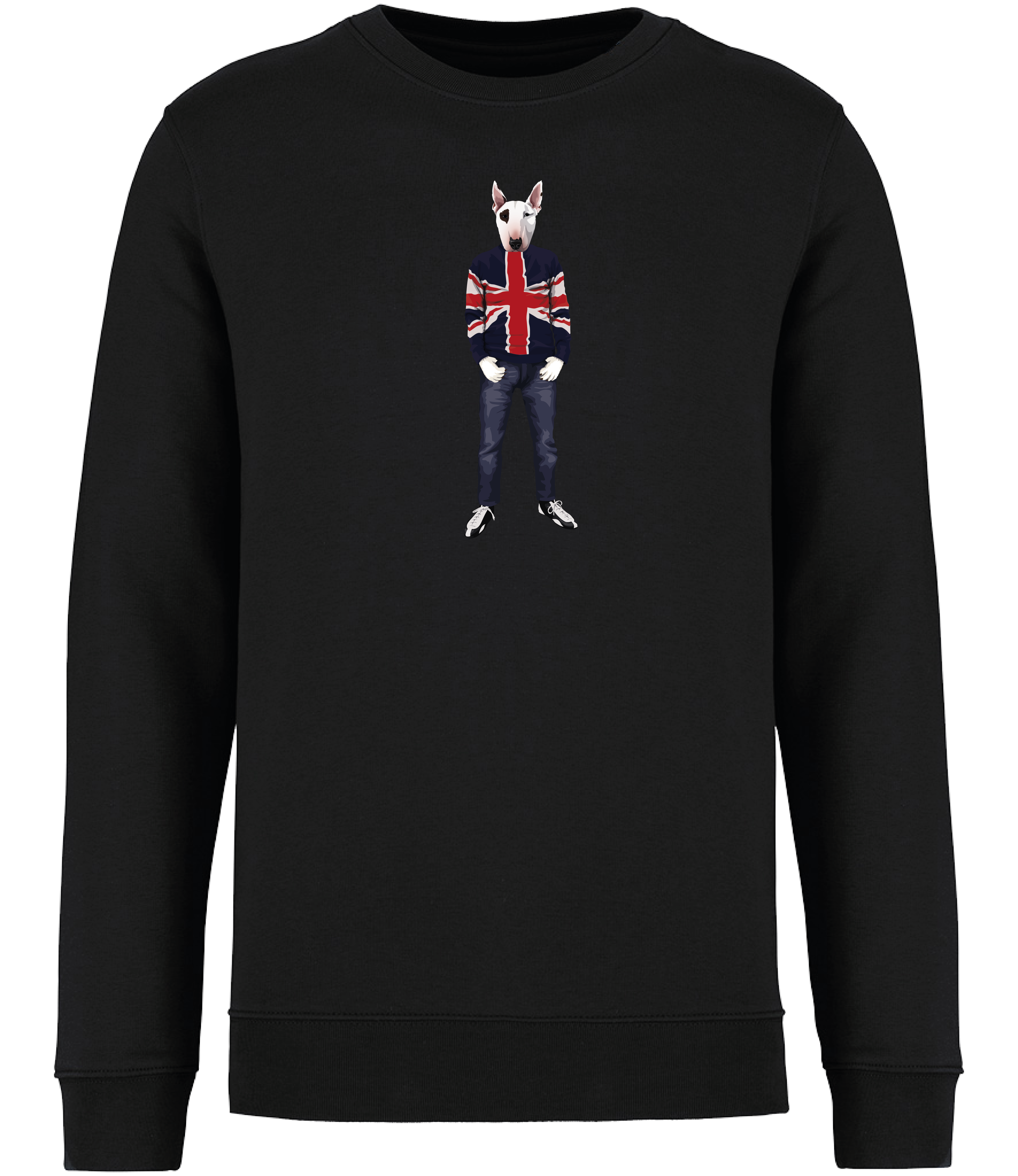Black Sweatshirt printed with an English Bull Terrier Dog with an eye patch wearing a Union Jack jumper, jeans and trainers