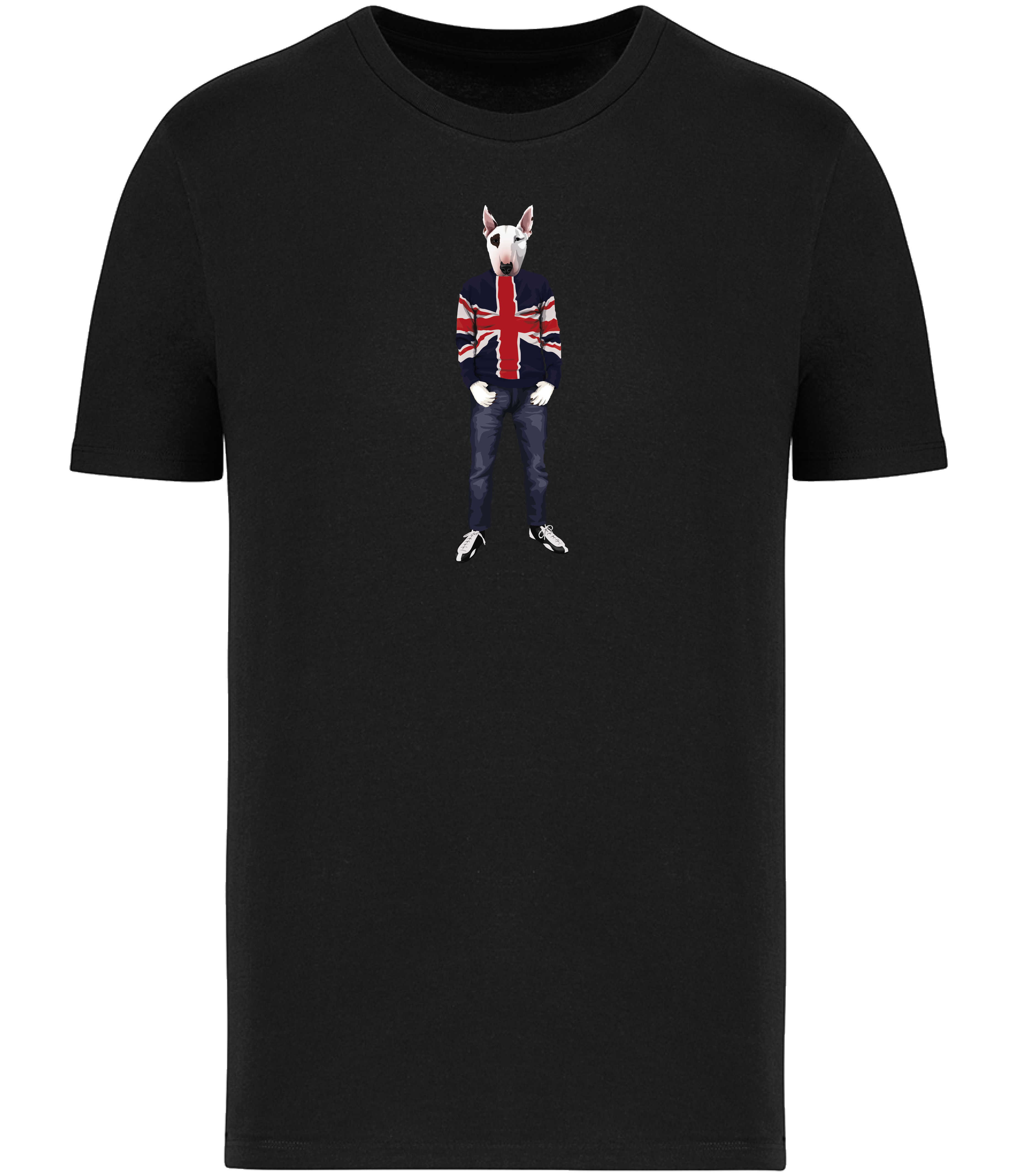 Black T-shirt printed with an English Bull Terrier Dog with an eye patch wearing a Union Jack jumper, jeans and trainers