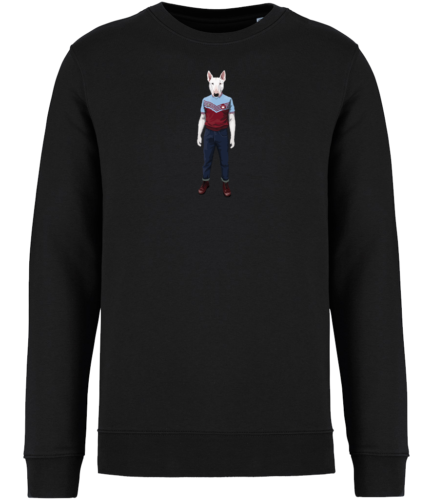 Black Sweatshirt English Bull Terrier Dog wearing a West Ham Football Top, Jeans and Boots