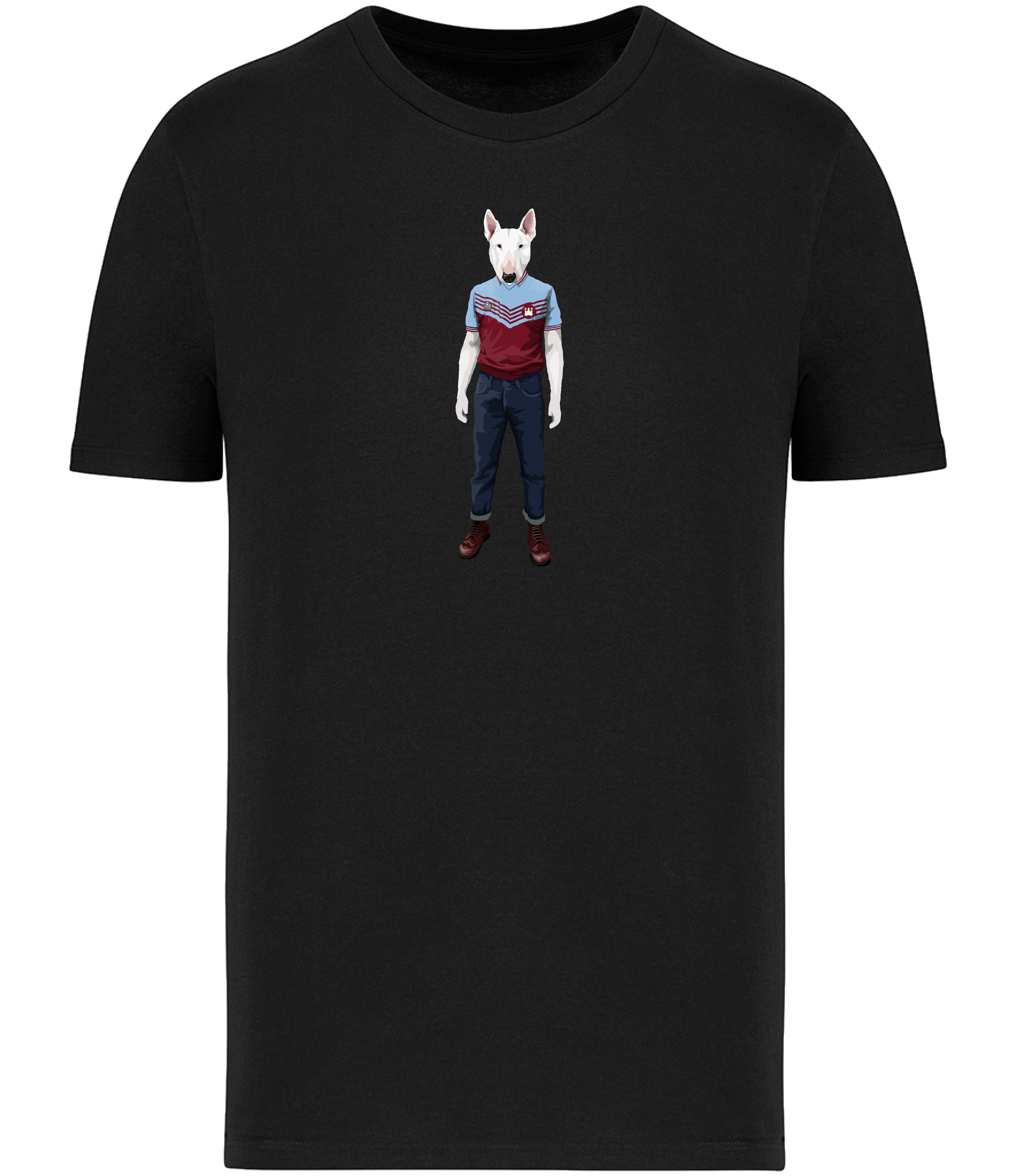 Black T-shirt printed with an English Bull Terrier Dog wearing a West Ham Football Top, Jeans and Boots