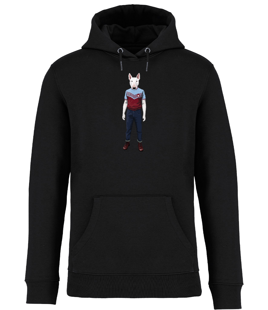 Black Hoodie printed with an English Bull Terrier Dog wearing a West Ham Football Top, Jeans and Boots