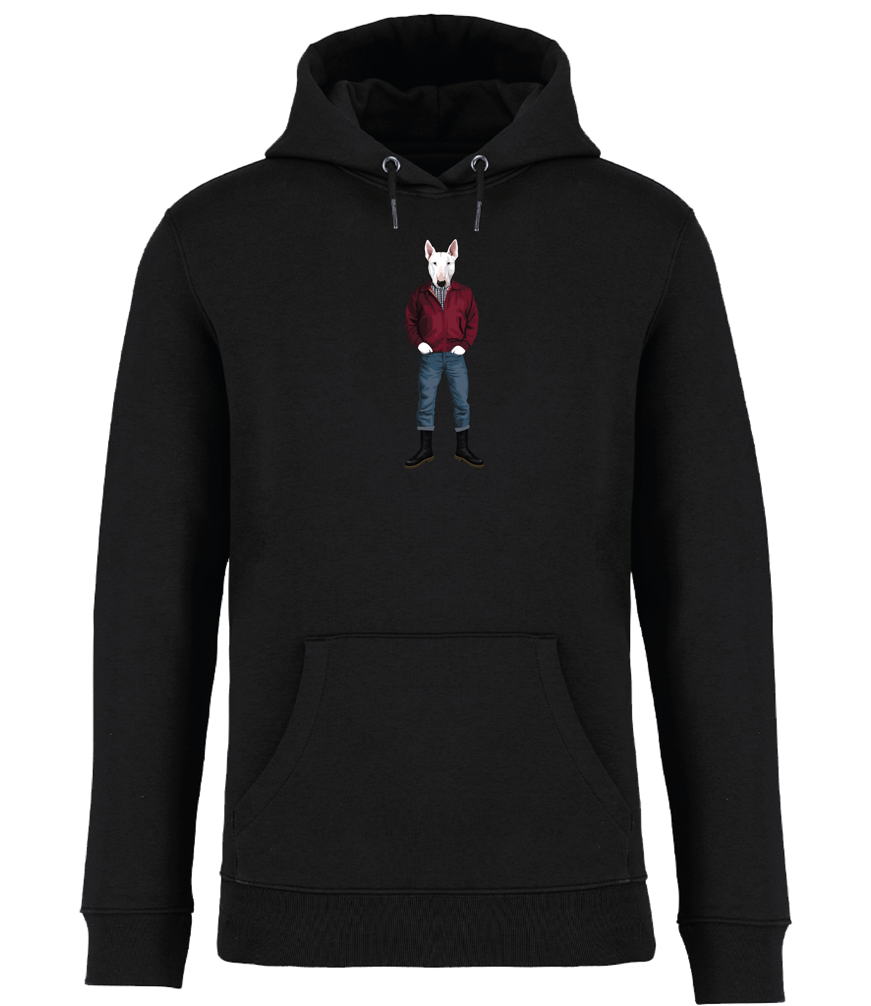 Black Hoodie printed with an English Bull Terrier Dog wearing a red jacket, rolled up jeans and boots