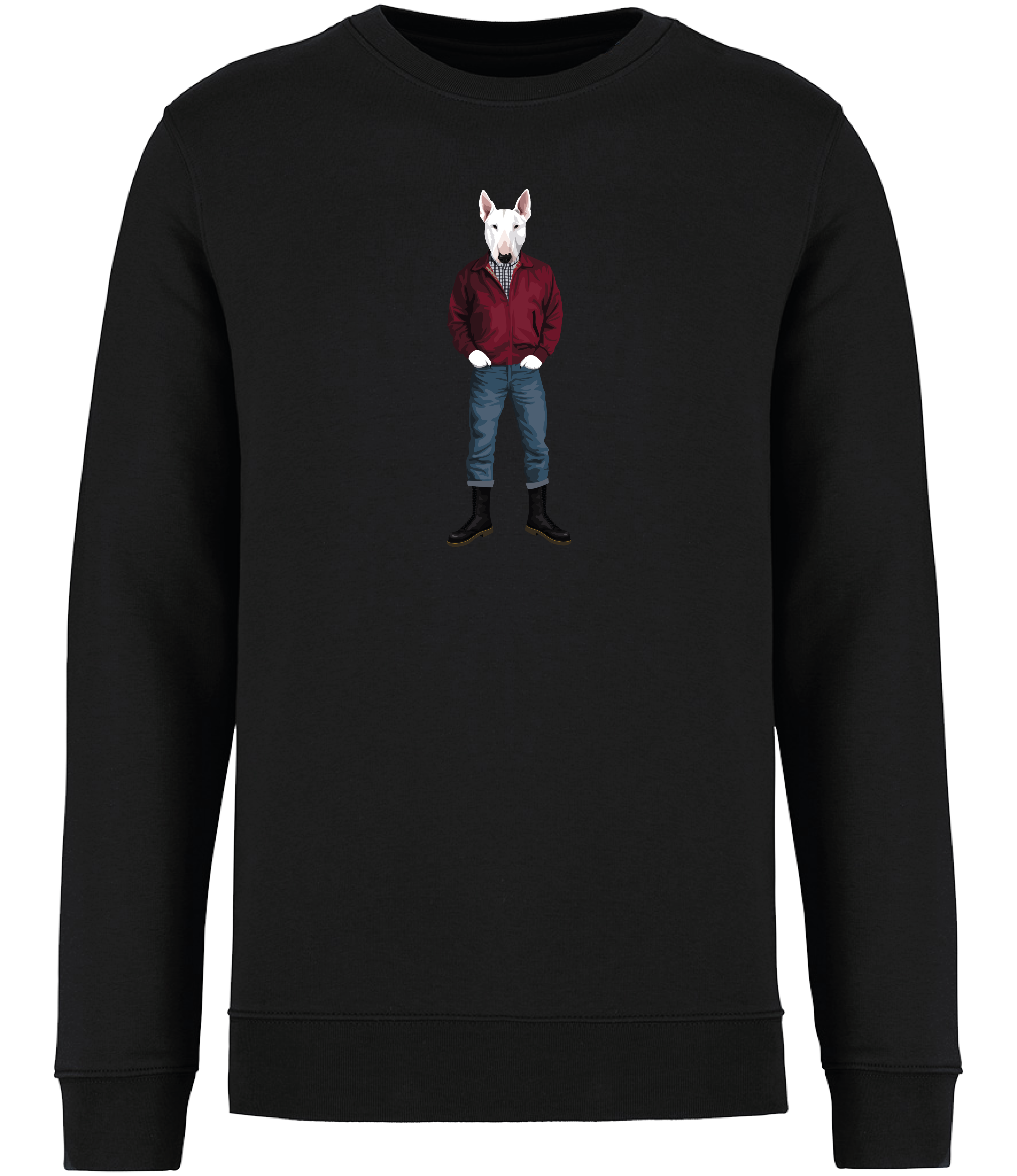 Black Sweatshirt printed with an English Bull Terrier Dog wearing a red jacket, rolled up jeans and boots