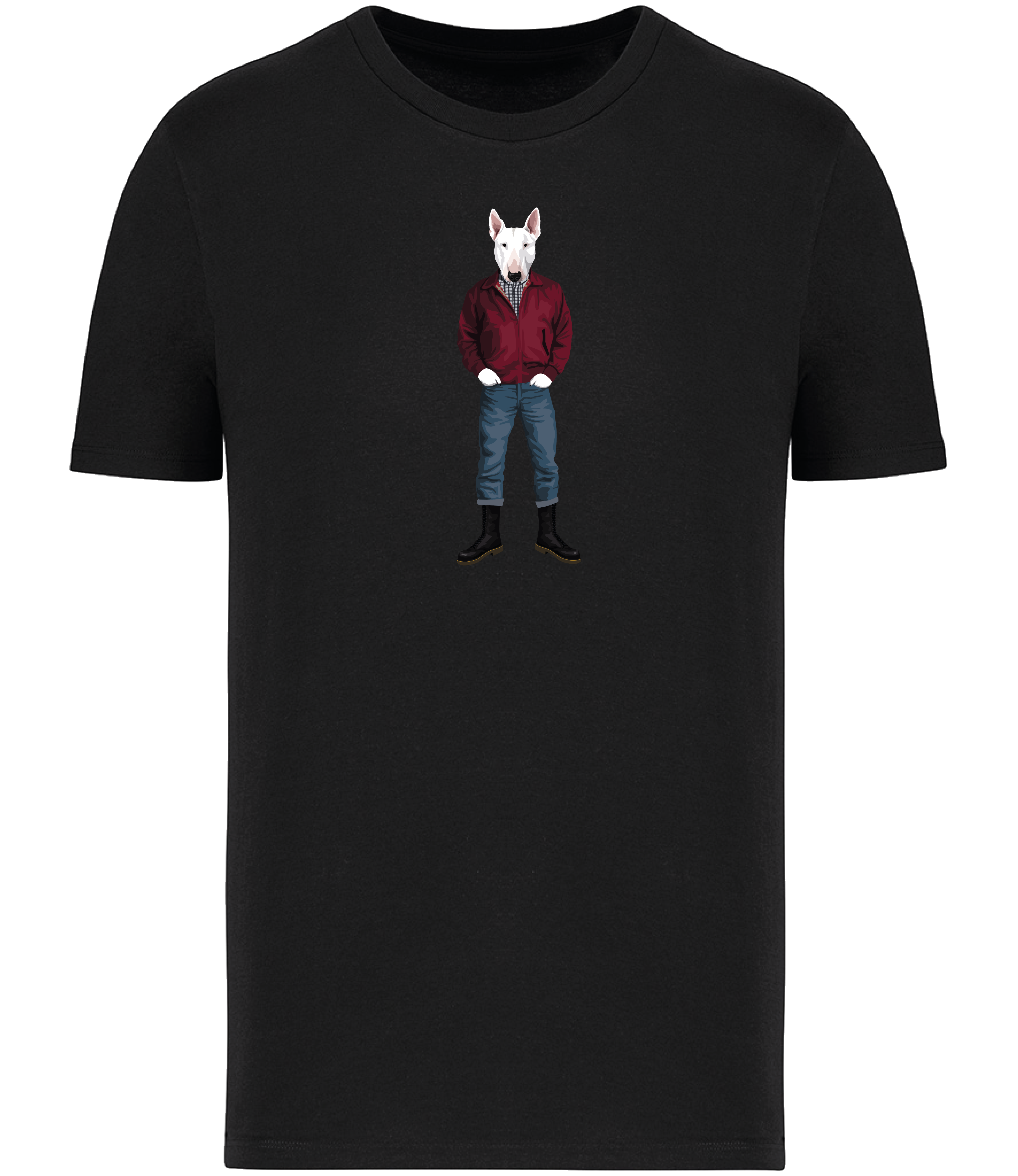 Black T-shirt printed with an English Bull Terrier Dog wearing a red jacket, rolled up jeans and boots