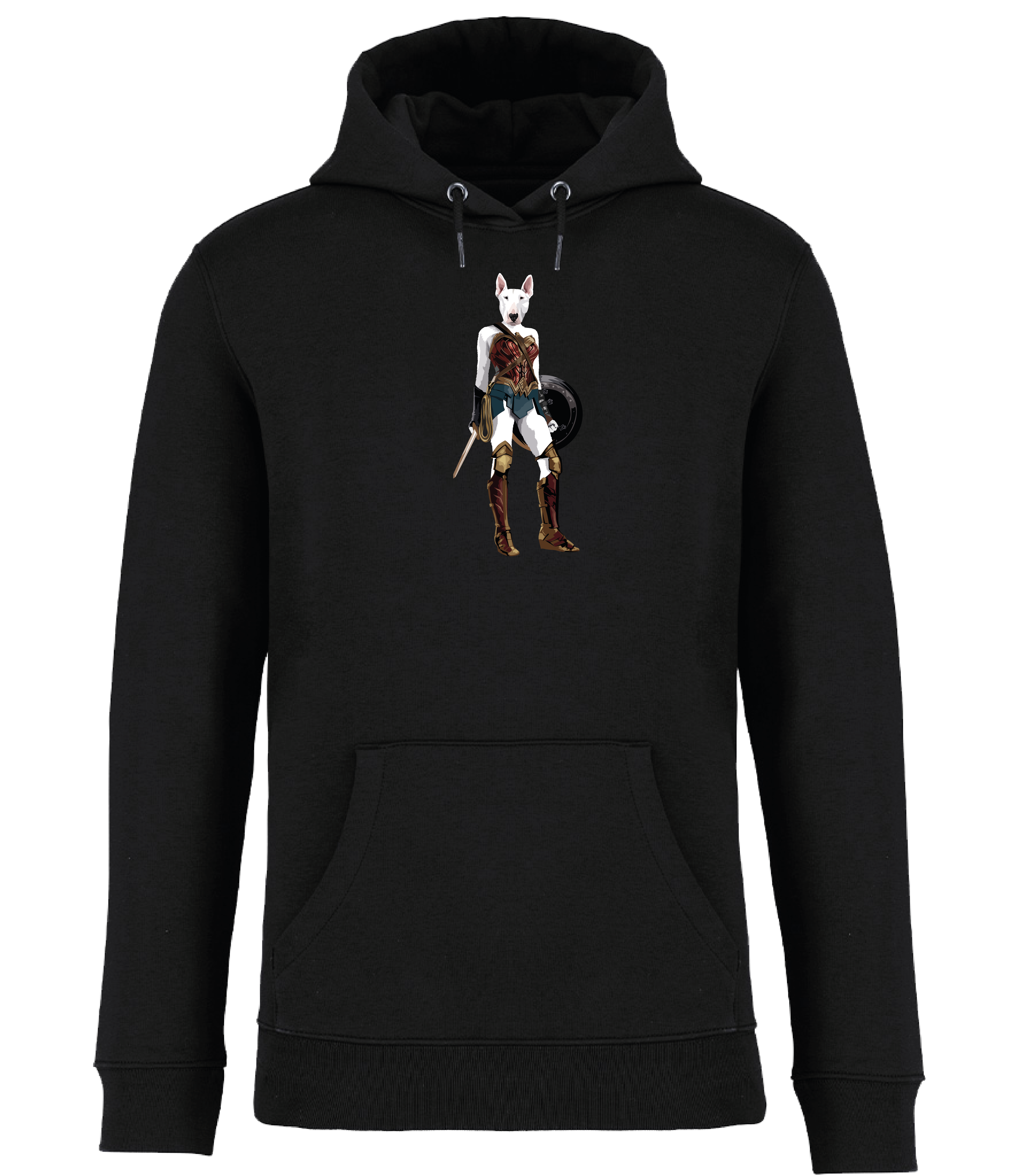Black Hoodie printed with an English Bull Terrier Dog dressed up as Wonder Woman holding a shield and sword