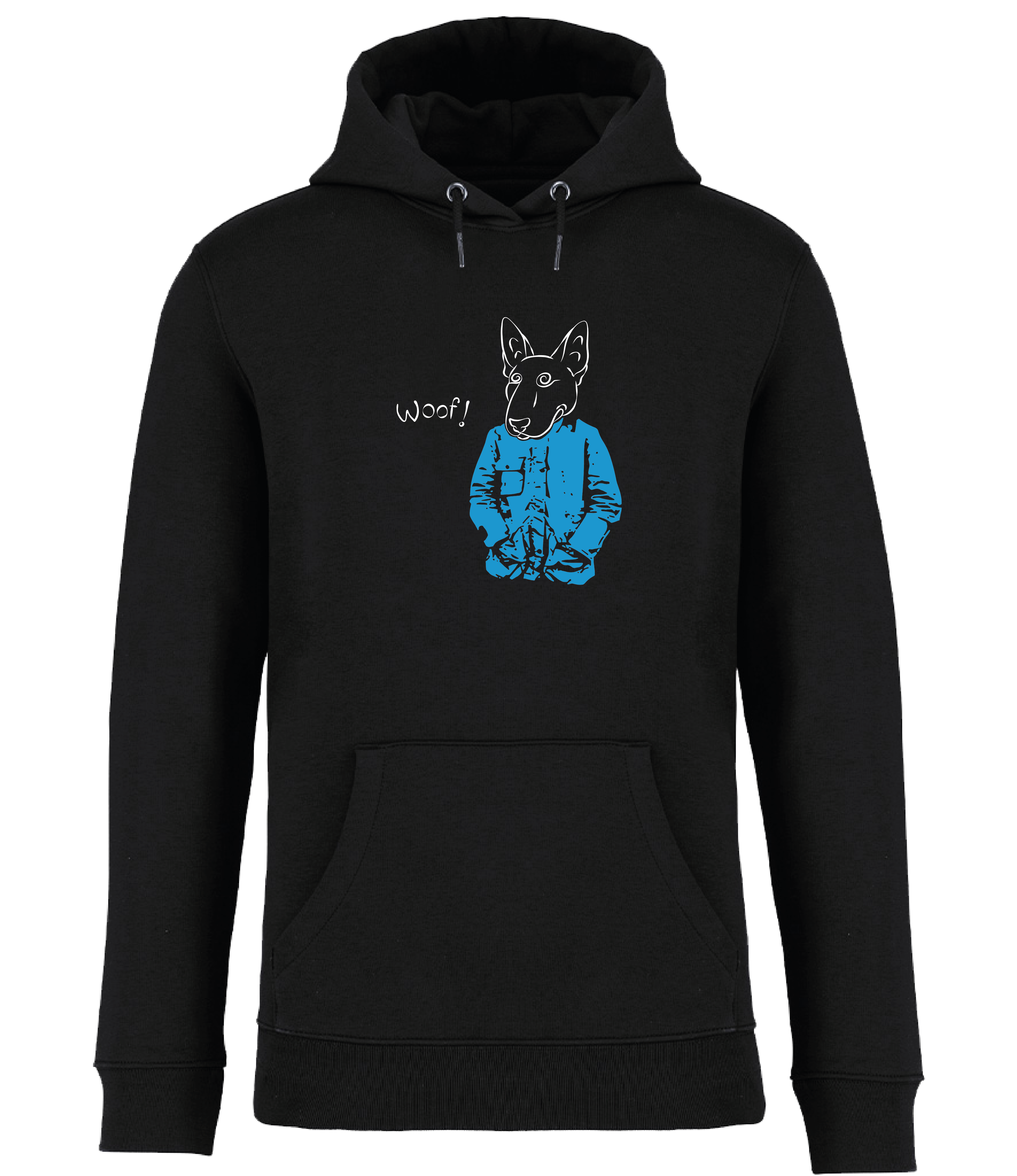 Black Hoodie from Ronnies Casuals printed with a drawing of an English Bull Terrier Dog wearing a blue jacket and the word woof 