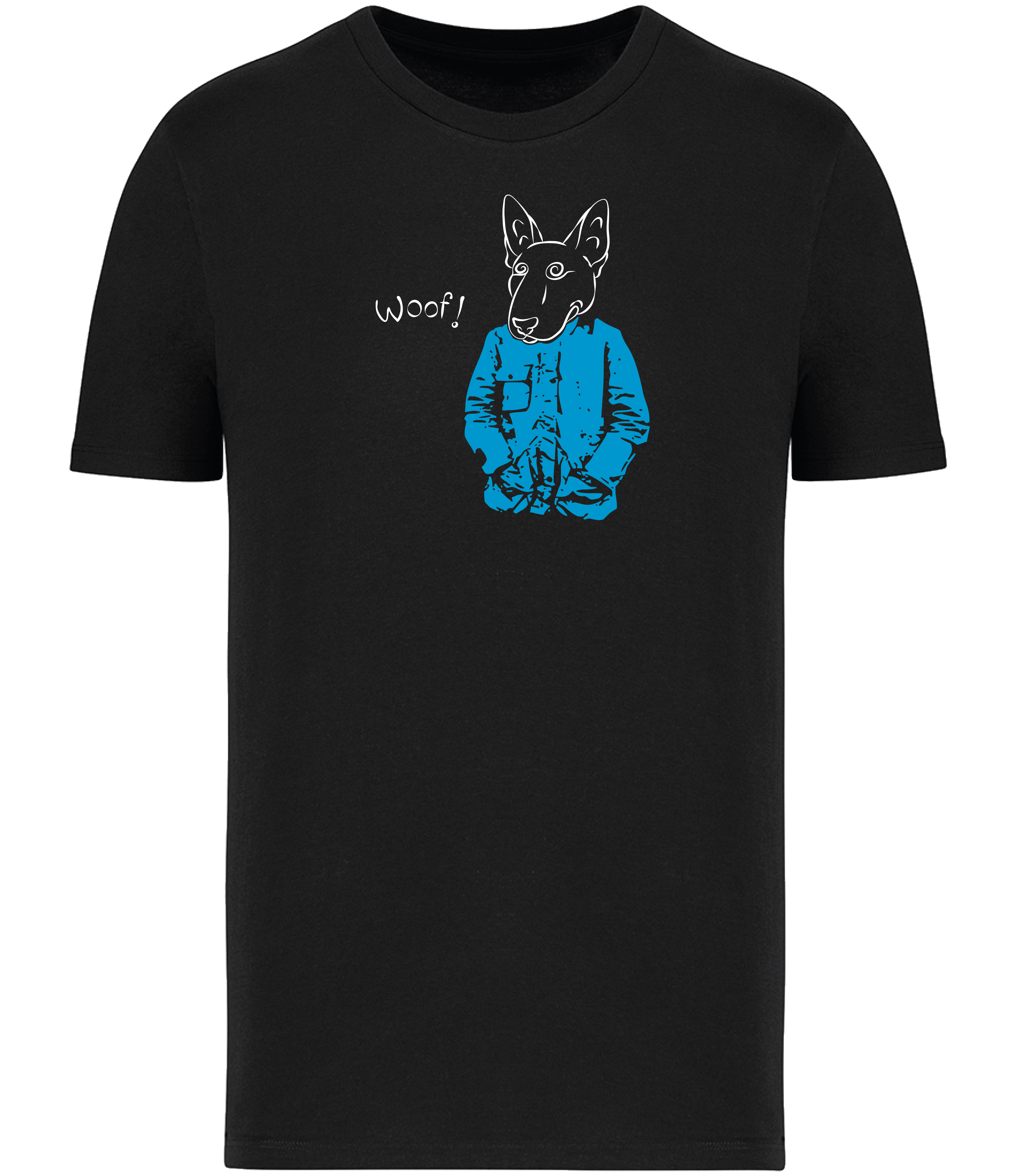 Black T-shirt printed with a drawing of an English Bull Terrier Dog wearing a blue jacket and the word woof 
