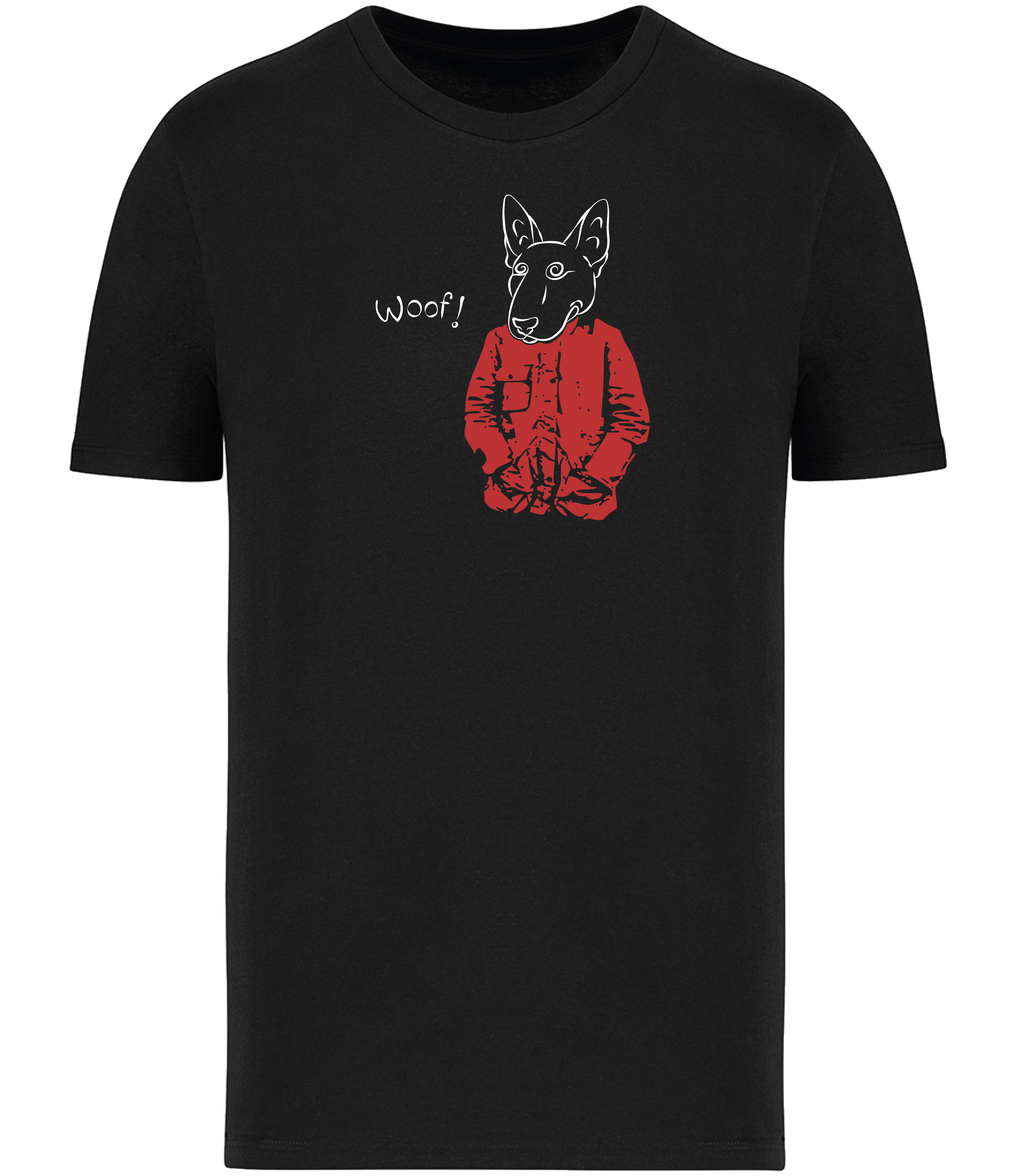 Black T-shirt printed with a drawing of an English Bull Terrier Dog wearing a Red jacket and the word woof 