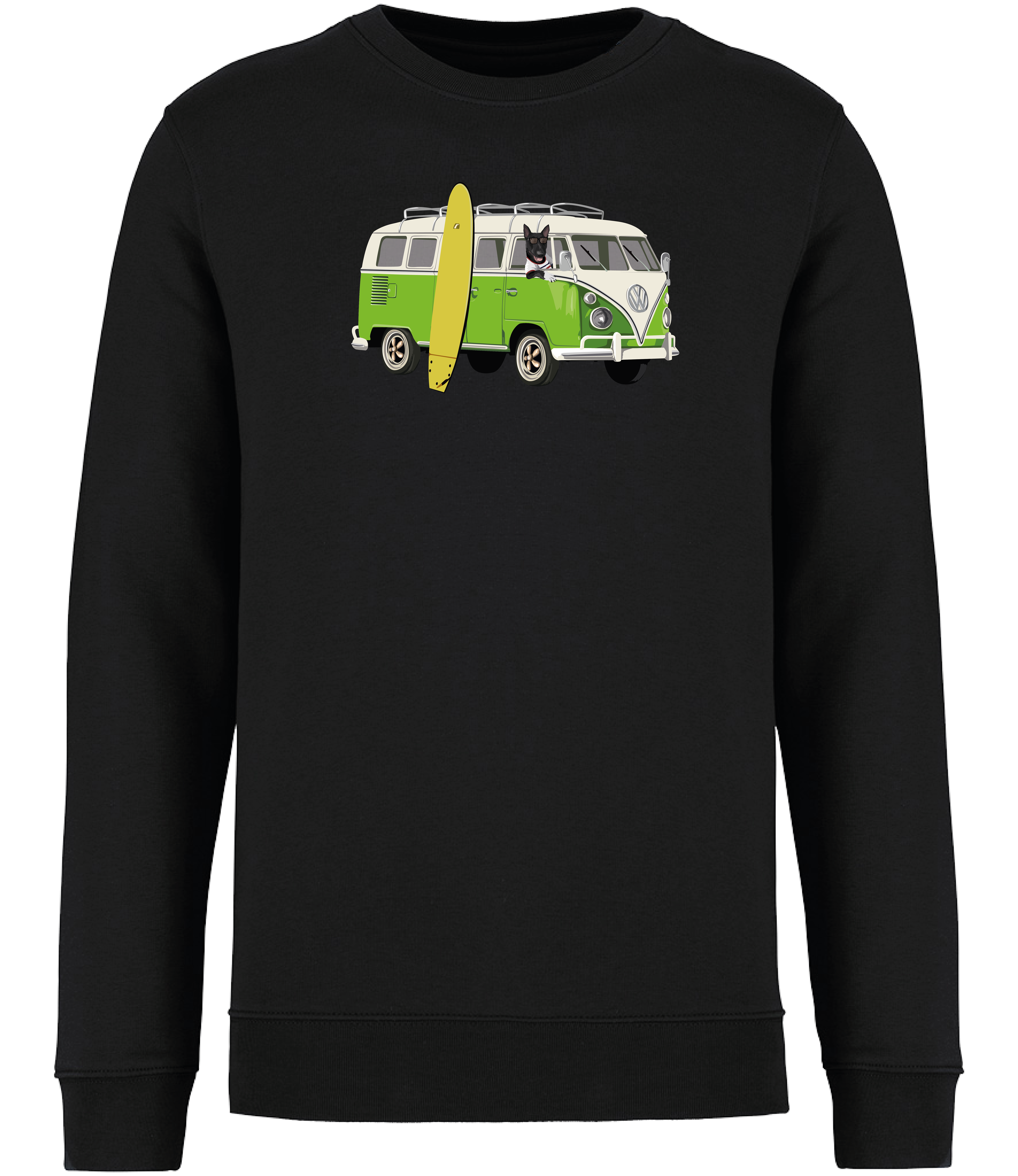 Black Sweatshirt printed with and English Bull Terrier Dog in a camper van with a surf board