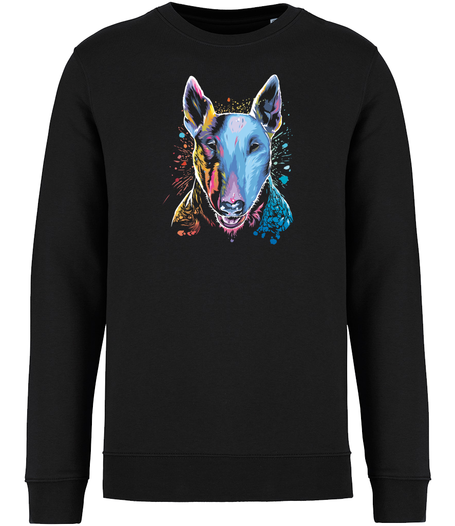 Black Sweatshirt printed with an English Bull Terrier Dog face in bright colours and paint splashes 