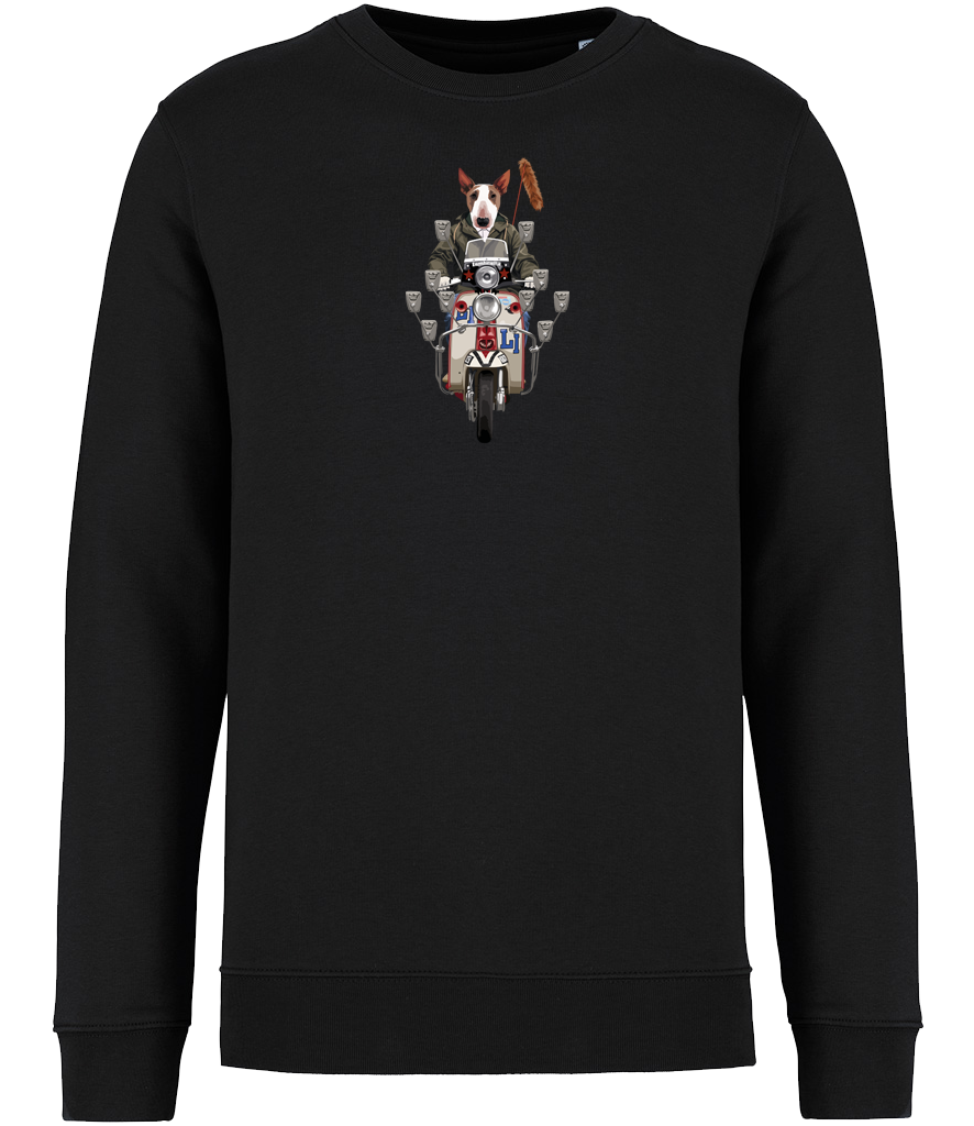 Ronnies Casuals black sweatshirt showing an english bull terrier dog dressed as a mod riding a mod scooter. Available in S, M, L, XL, 2XL, 3XL.