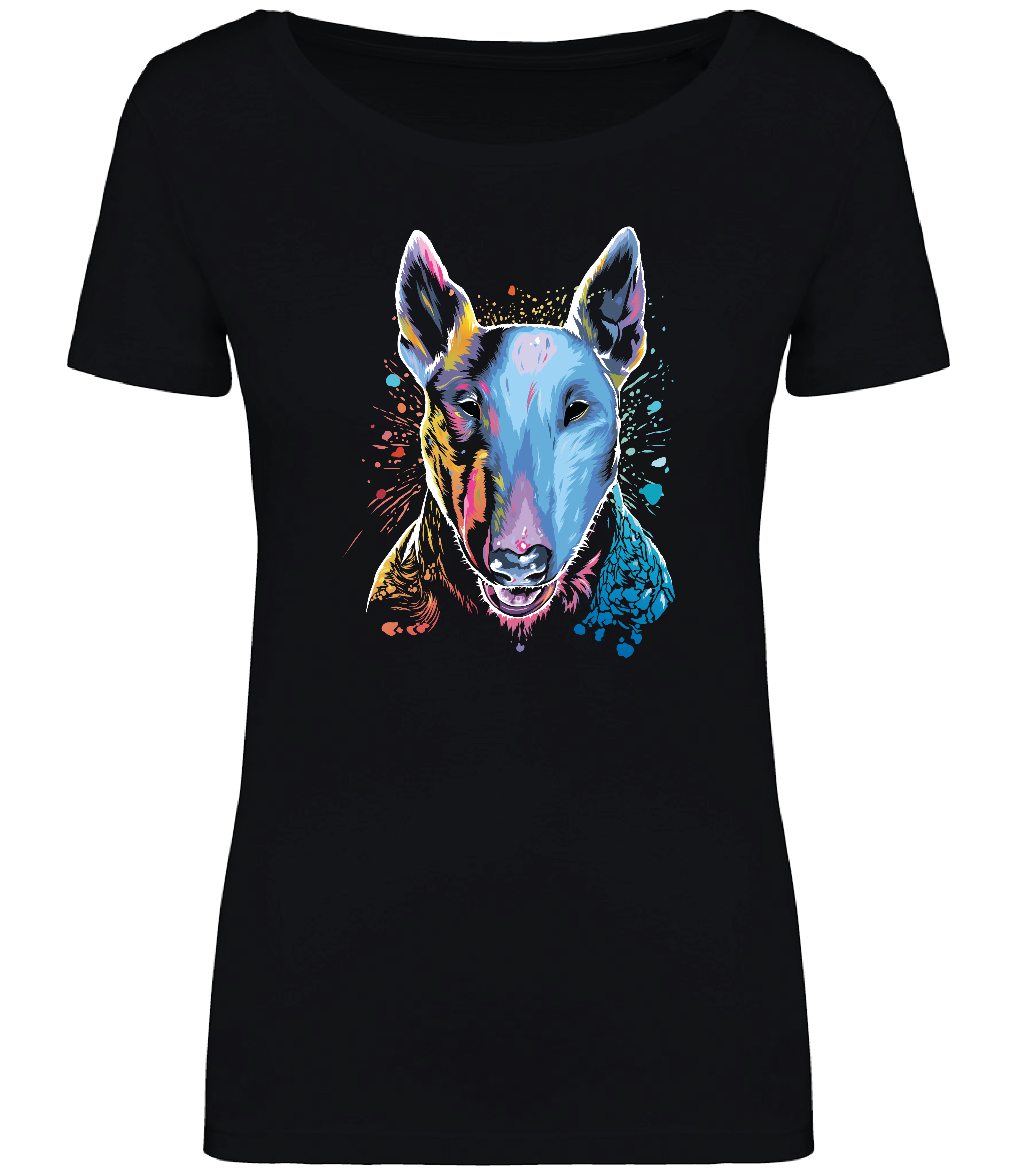 Black T-shirt printed with an English Bull Terrier Dog face in bright colours and paint splashes 
