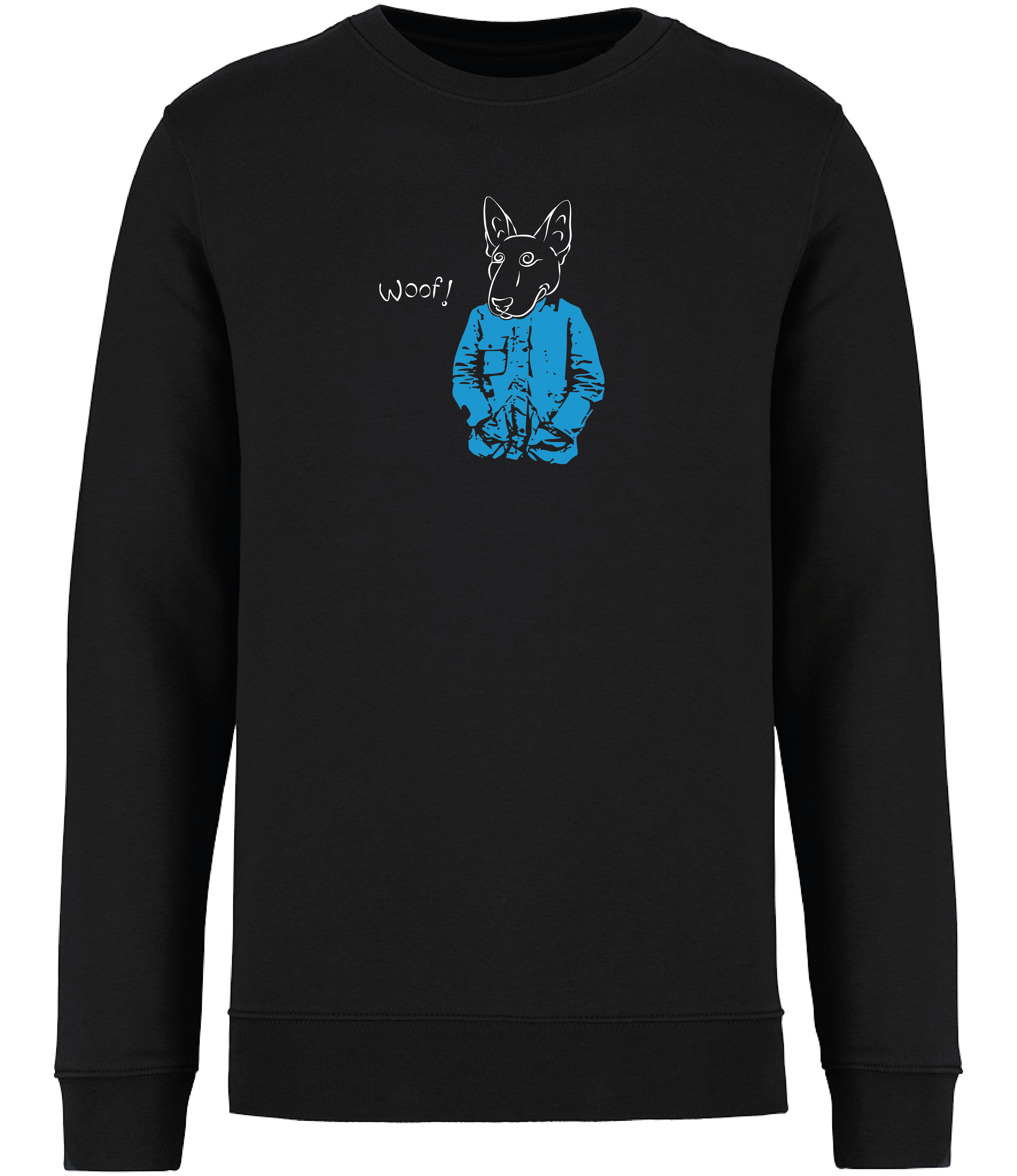 Ronnies Casuals Black Sweatshirt printed with a drawing of an English Bull Terrier Dog wearing a blue jacket and the word woof 