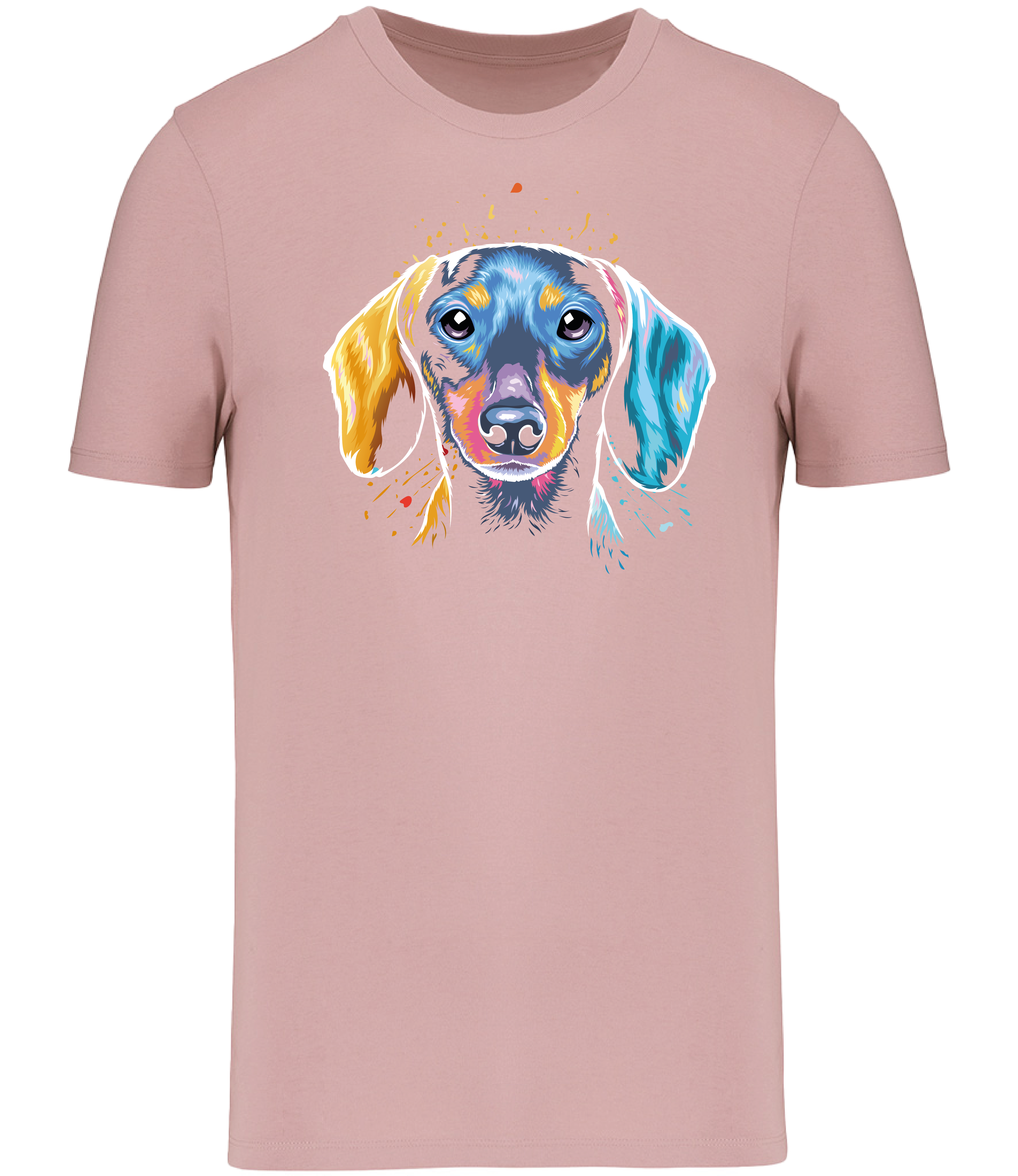 Ronnies Casuals Colour Splash Dachshund T-shirt in Mineral Pink. S, M, L, XL, 2XL, and 3XL
