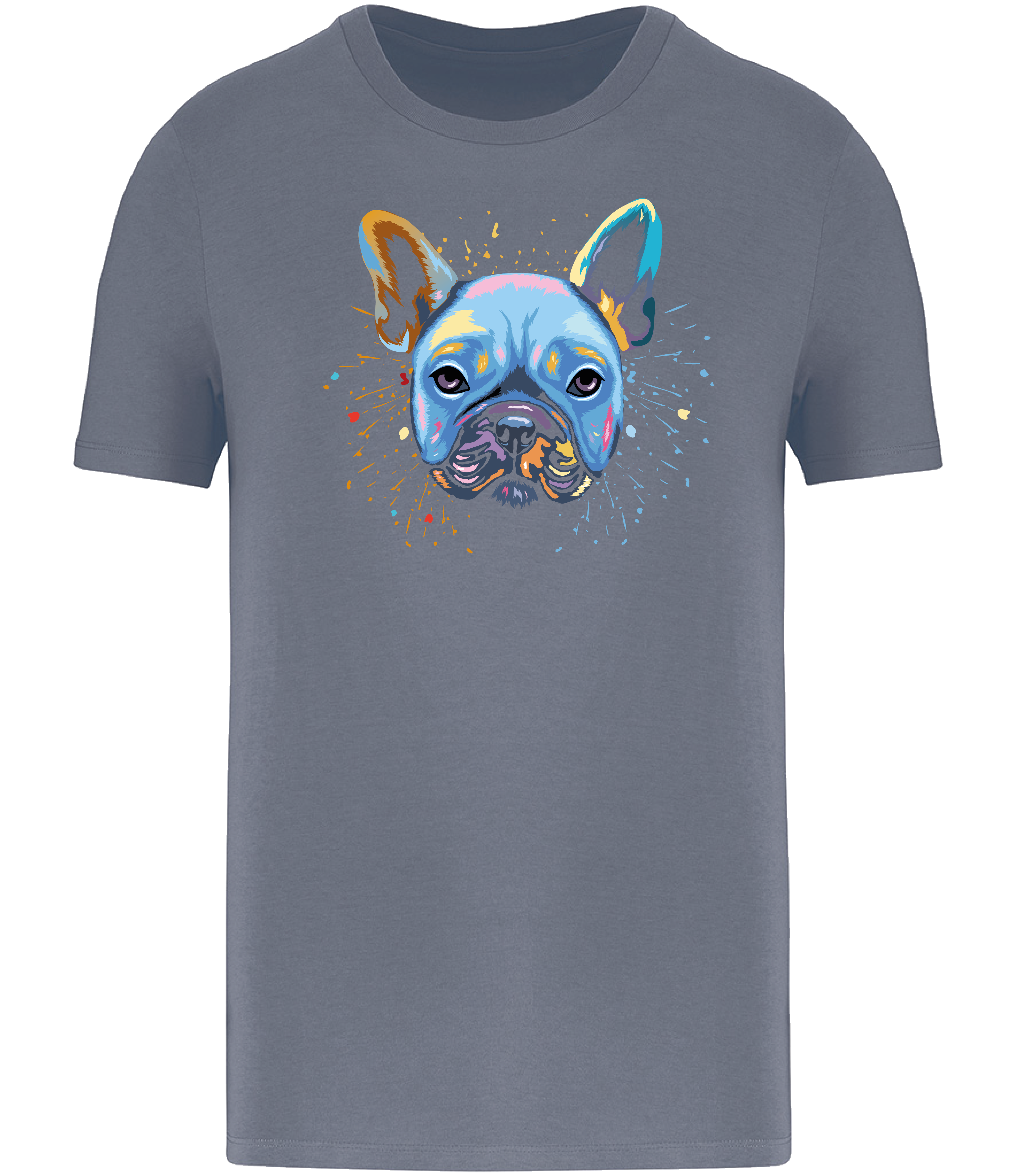Ronnies Casuals Colour Splash French Bulldog T-Shirt in Mineral Grey. Available in S, M, L, XL, 2XL, and 3XL.