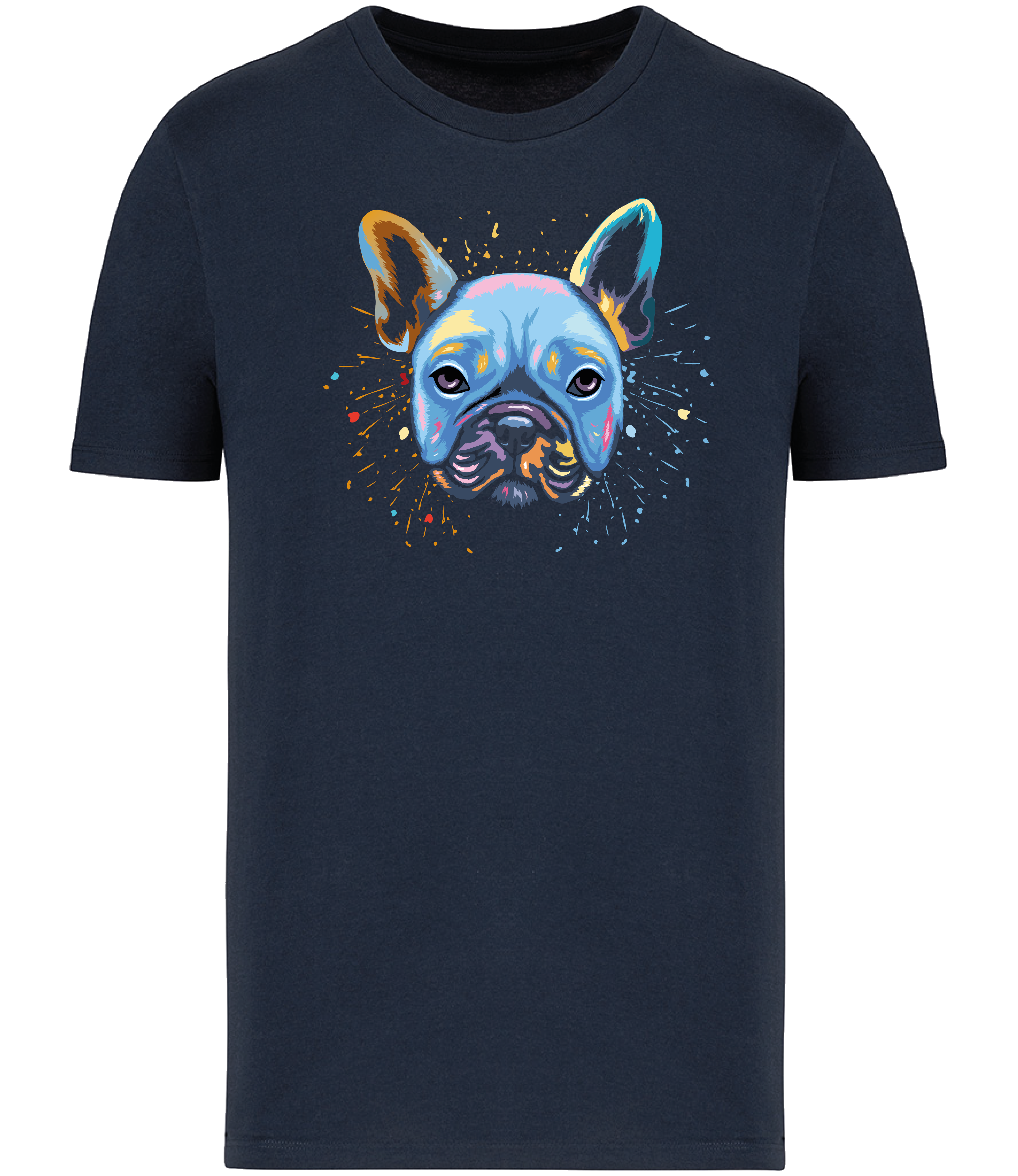 Ronnies Casuals Colour Splash French Bulldog T-Shirt in Navy. Available in S, M, L, XL, 2XL, and 3XL.