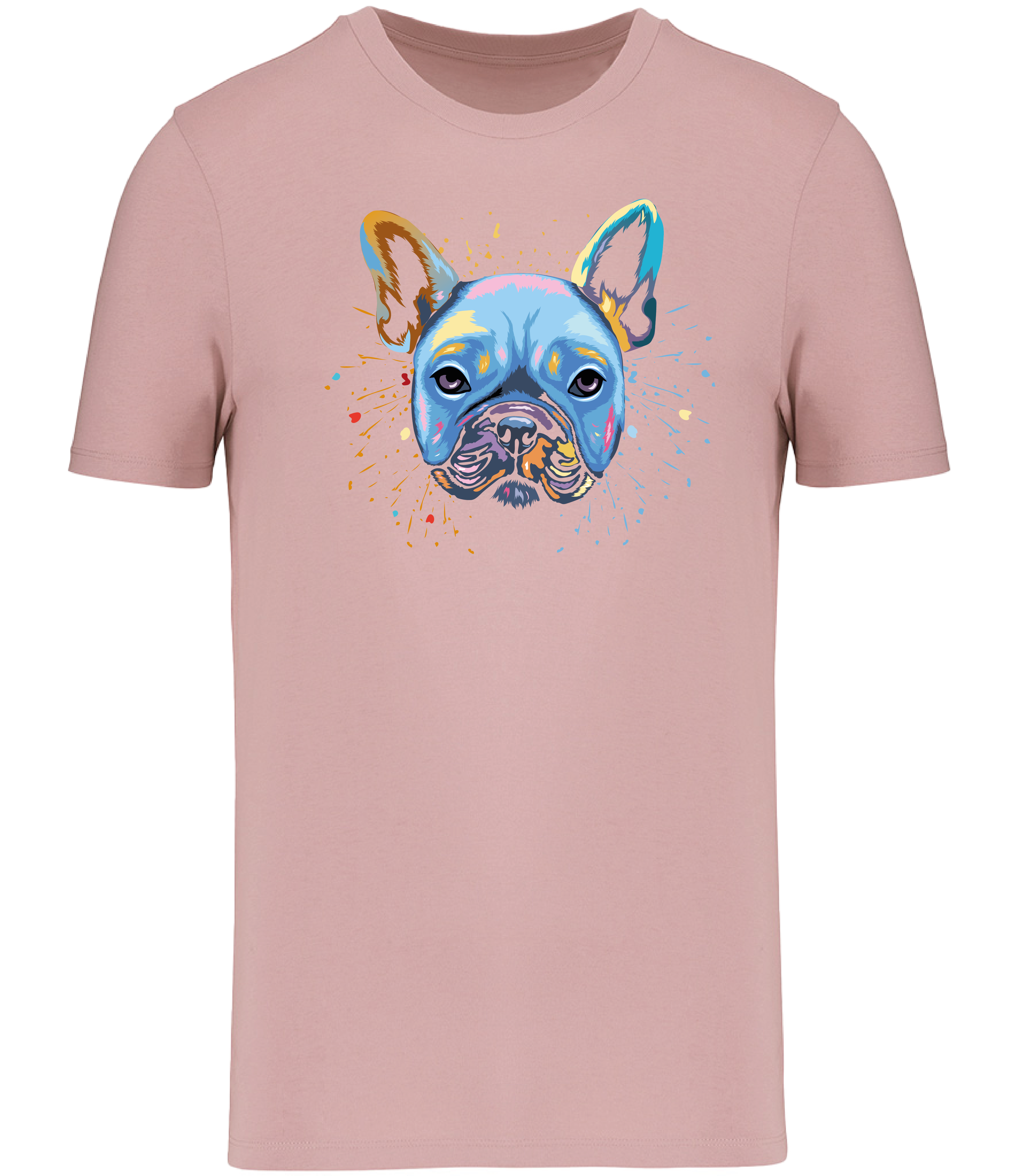Ronnies Casuals Colour Splash French Bulldog T-Shirt in Pink. Available in S, M, L, XL, 2XL, and 3XL.