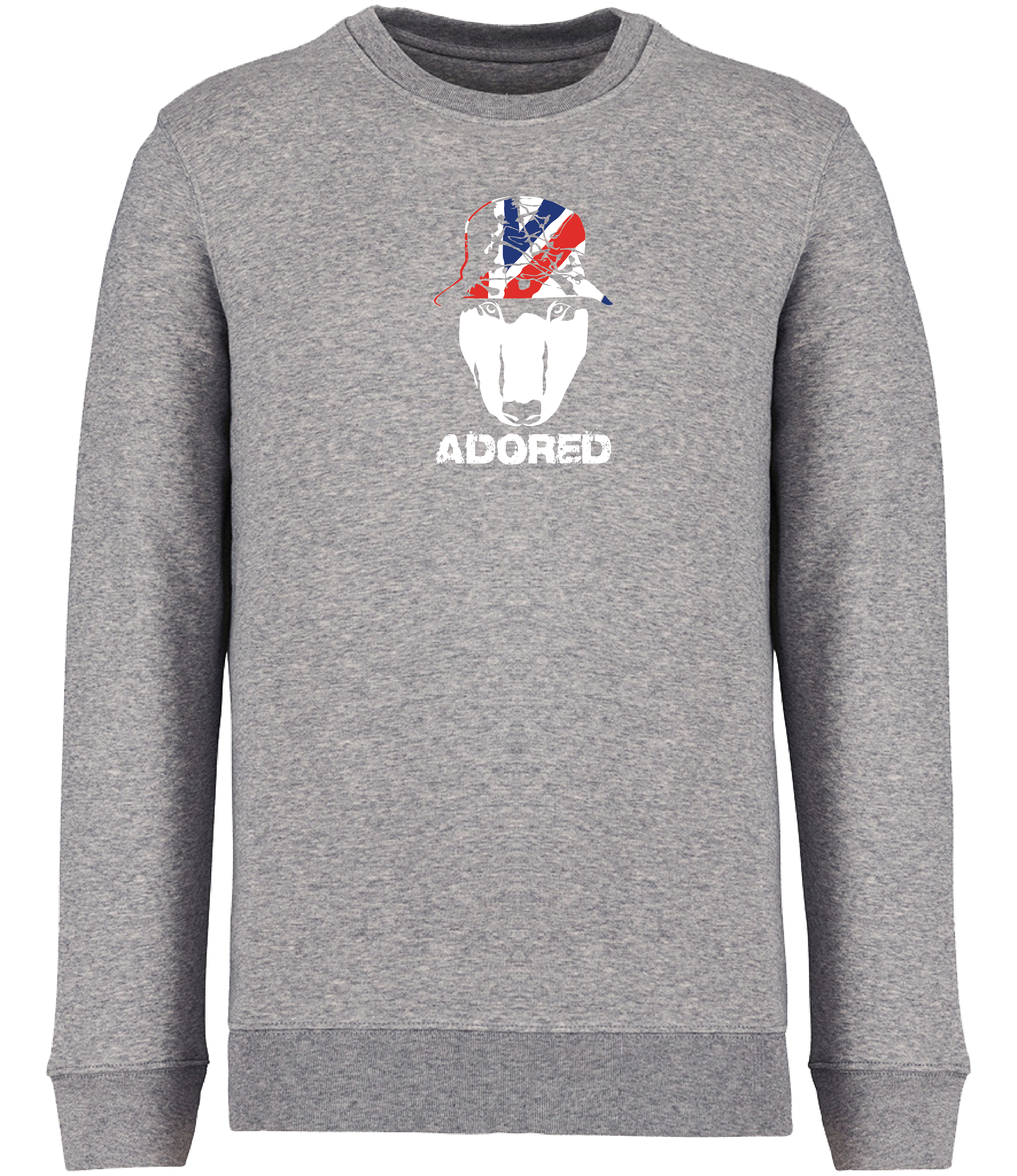 Grey Sweatshirt printed with English Bull Terrier head wearing a union jack bucket hat and the words adored underneath. Stone Roses inspired sweatshirt from Ronnies Casuals.