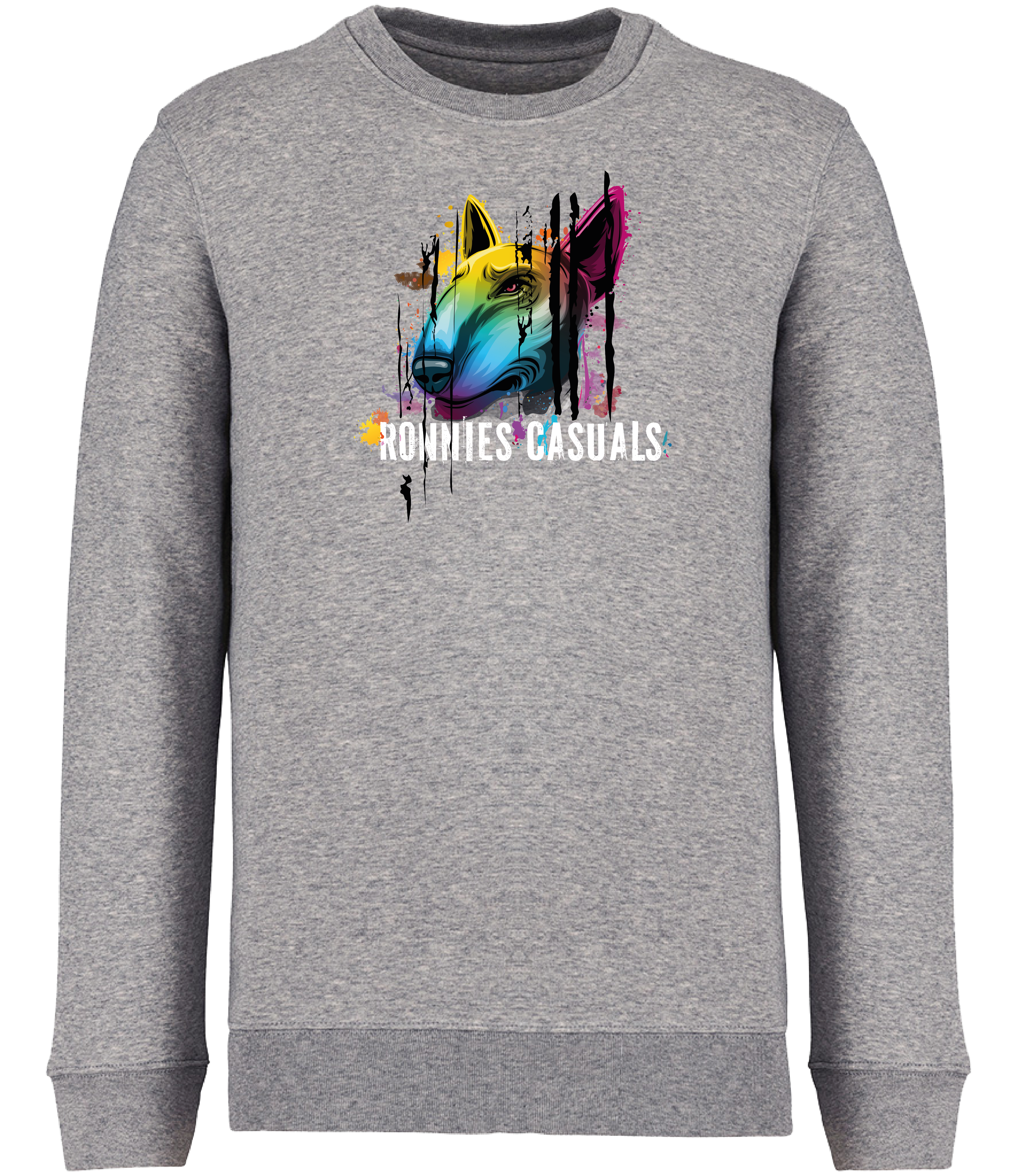 Grey Sweatshirt printed with Colourful English Bull Terrier Dog head and words saying Ronnies Casuals underneath